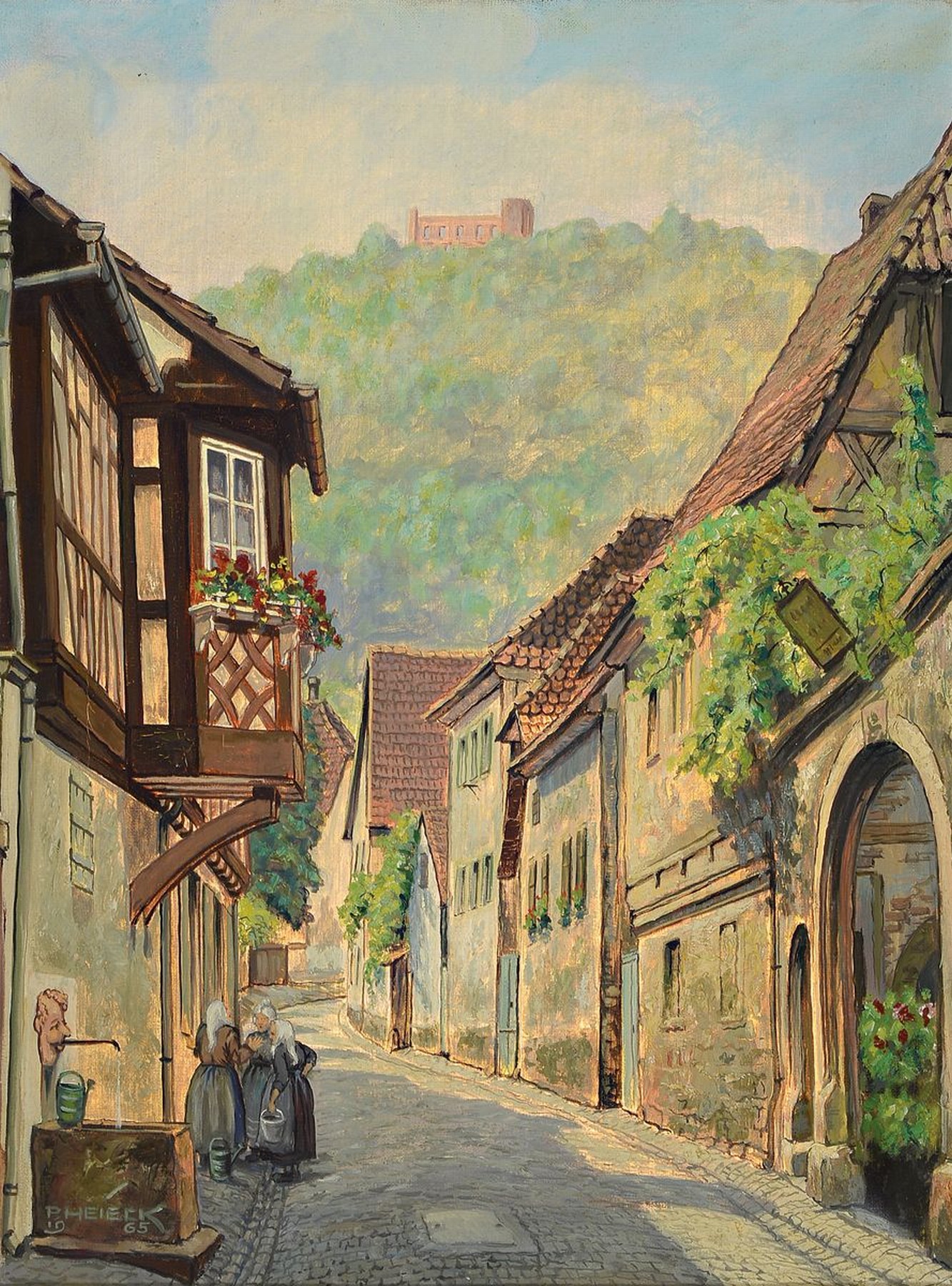 Georg Heieck, 1903 Ludwigshafen- 1977 Mannheim, Hambacher Schloßgasse mit Blick auf die Maxburg, Öl/Lwd, signiert, ca. 60 x 45 cm, verso bezeichnet ...