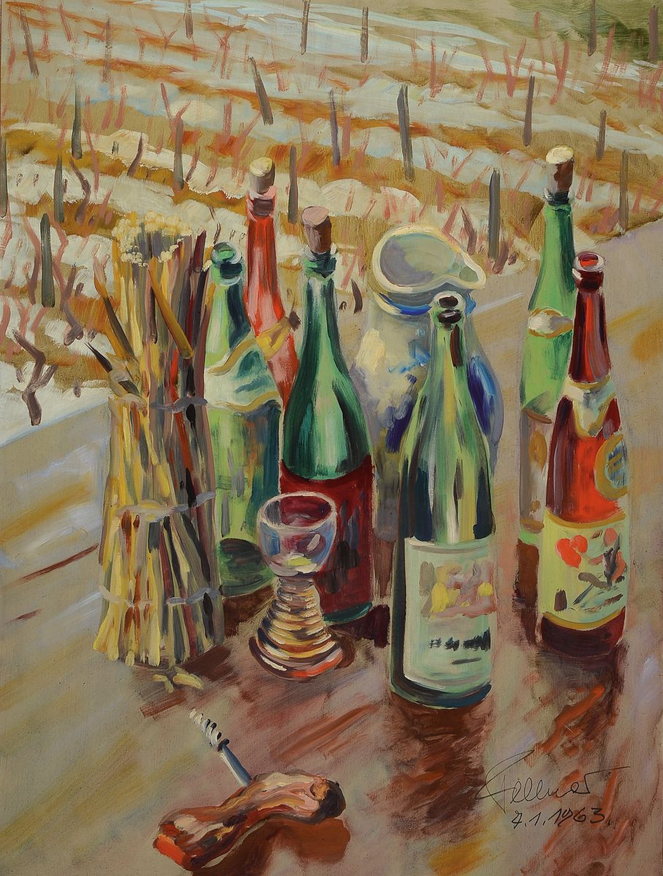 Ludwig Fellner, 1917 Weißenburg - 2006 Neustadt/Wstr., Weinflaschen vor winterlichen Wingertzeilen, Öl/Platte, re. u. signiert und datiert 1963, ...