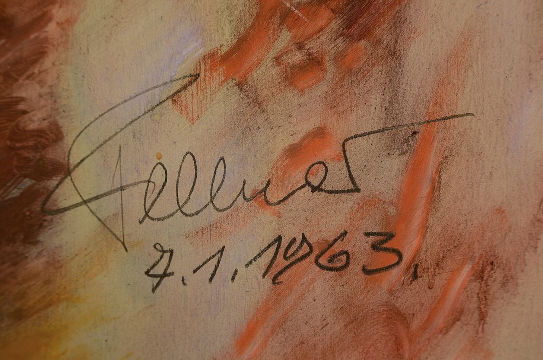 Detail a: Ludwig Fellner, 1917 Weißenburg - 2006 Neustadt/Wstr., Weinflaschen vor winterlichen Wingertzeilen, Öl/Platte, re. u. signiert und datiert 1963, ...