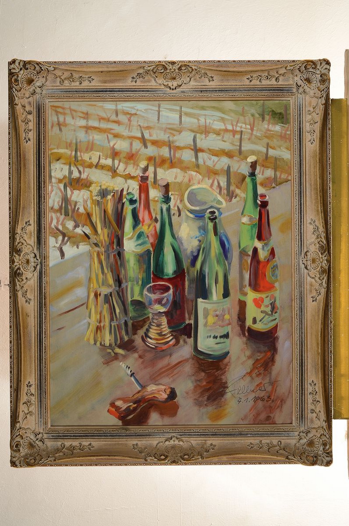 Detail k: Ludwig Fellner, 1917 Weißenburg - 2006 Neustadt/Wstr., Weinflaschen vor winterlichen Wingertzeilen, Öl/Platte, re. u. signiert und datiert 1963, ...