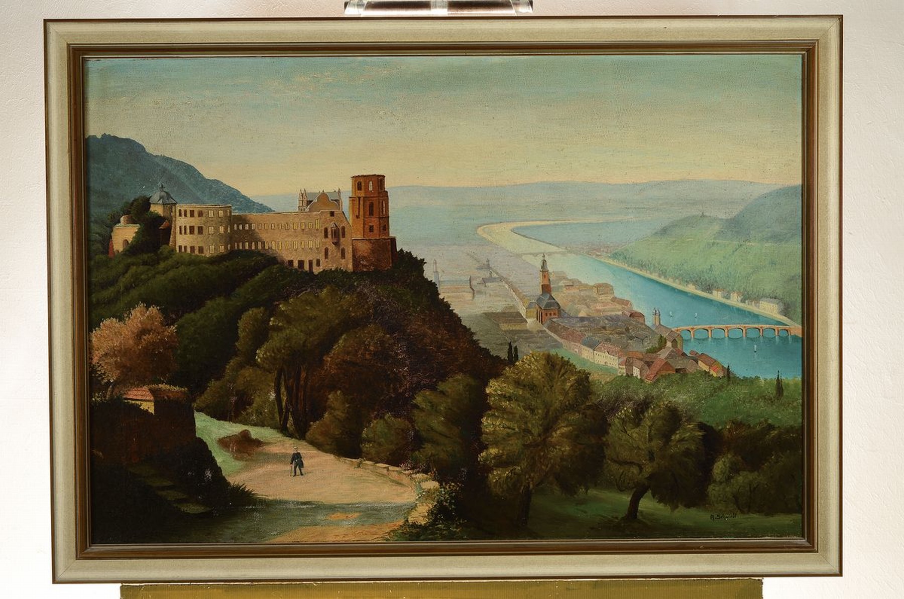 Detail k: A. Schwindt, Künstler 2. Hälfte 19. Jh., Blick auf das Heidelberger Schloß und das Neckartal, im Vordergrund in der Sonne spazierender Herr mit ...