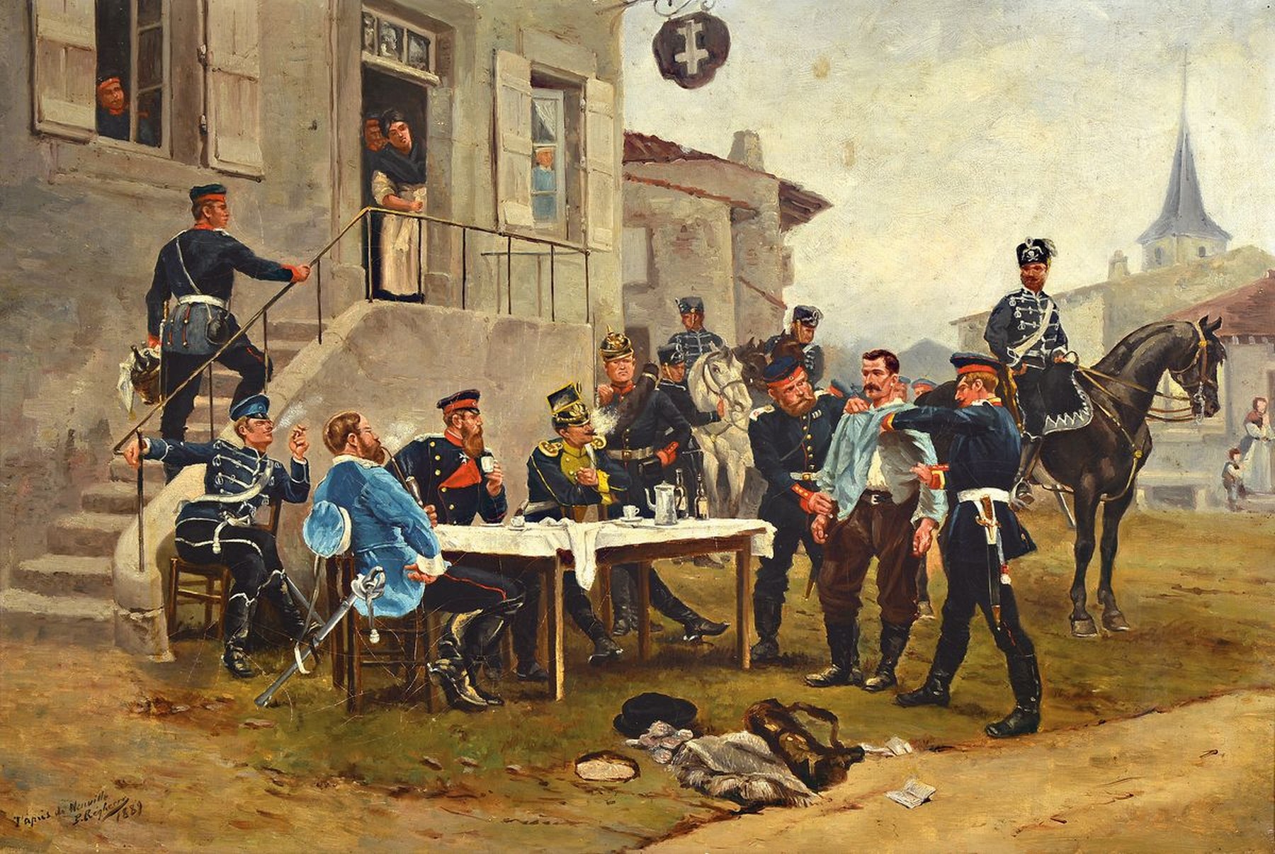P. Rhegheere nach Alphonse de Neuville, "Feldzug 1870/71 - Durchsuchung eines Verdächtigen vor preußischen Offizieren", Öl/Lwd, links ...