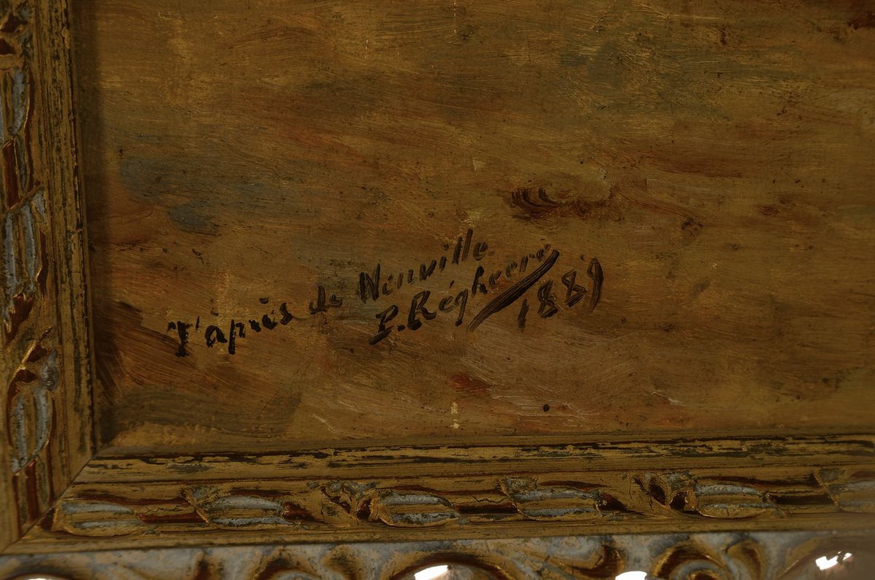 Detail a: P. Rhegheere nach Alphonse de Neuville, "Feldzug 1870/71 - Durchsuchung eines Verdächtigen vor preußischen Offizieren", Öl/Lwd, links ...