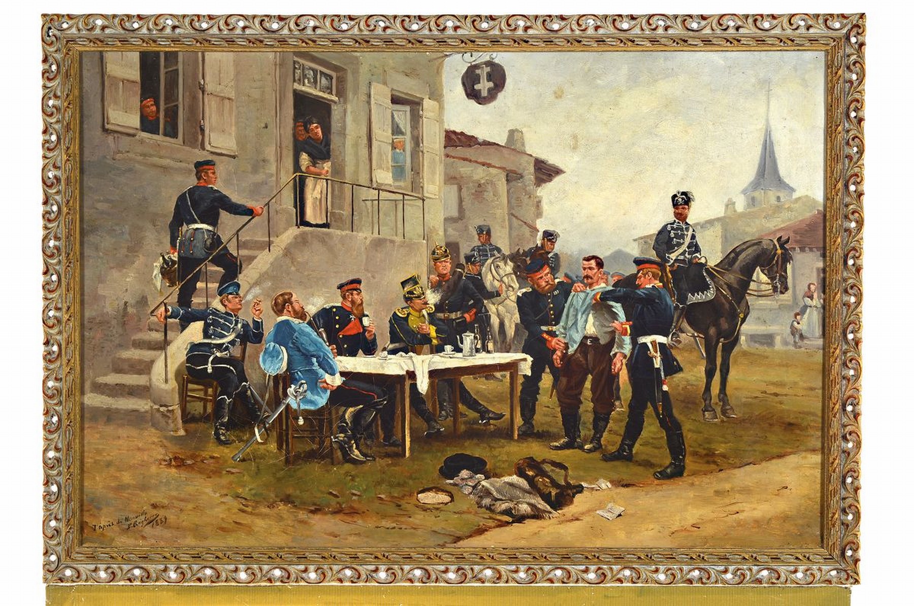 Detail k: P. Rhegheere nach Alphonse de Neuville, "Feldzug 1870/71 - Durchsuchung eines Verdächtigen vor preußischen Offizieren", Öl/Lwd, links ...