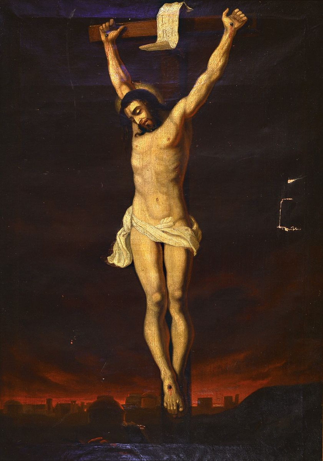 Unbekannter süddeutscher Künstler nach altmeisterlichem Vorbild, Ausführung 2. Hälfte18. Jh., gekreuzigter Jesus Christus, im Hintergrund ...