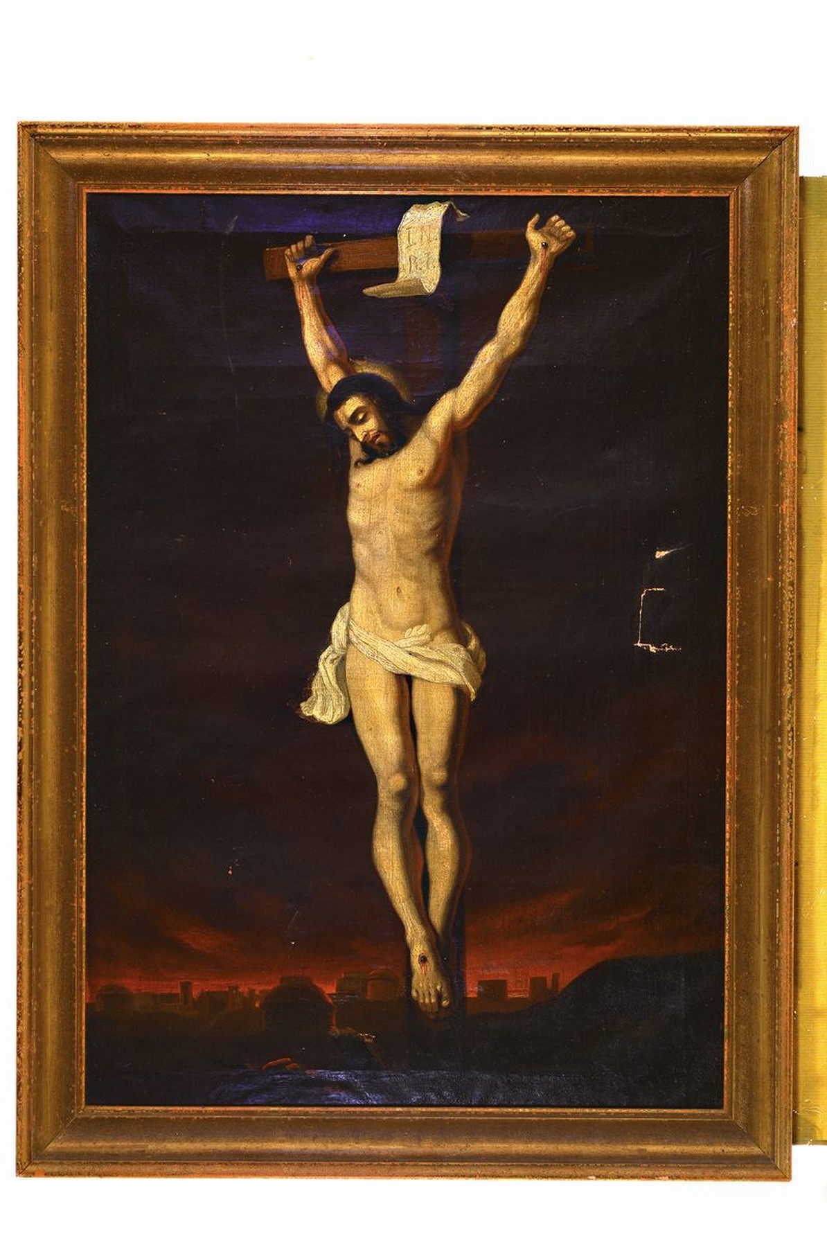Detail k: Unbekannter süddeutscher Künstler nach altmeisterlichem Vorbild, Ausführung 2. Hälfte18. Jh., gekreuzigter Jesus Christus, im Hintergrund ...