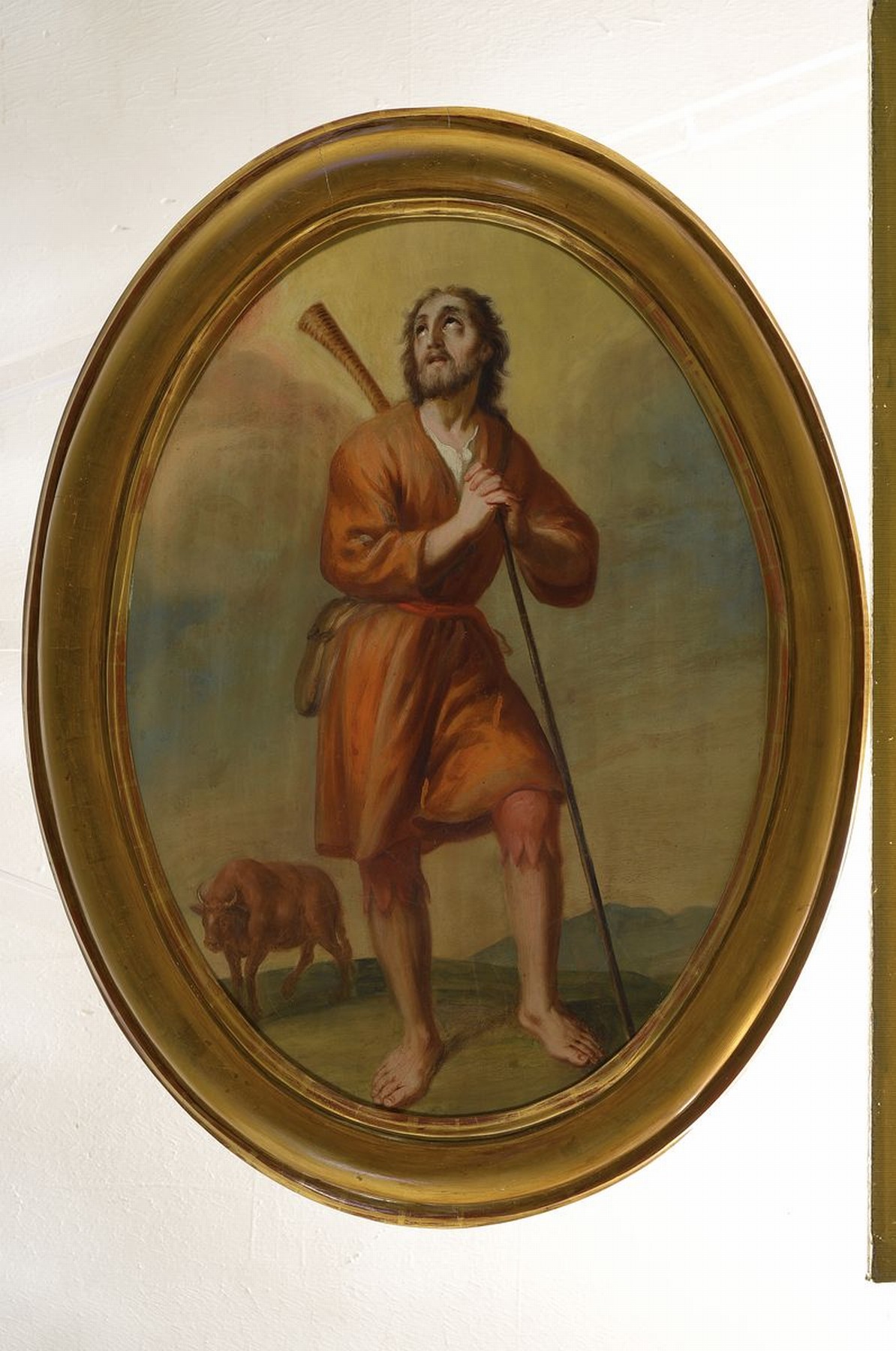 Detail k: Süddeutscher Maler, nach barockem Vorbild, Ausführung um 1830/40, betender Hirte, Blick zum erleuchtetem Himmel, im Hintergrund Rind und hügelige ...