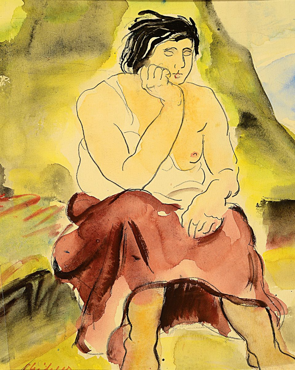 Senta Geissler, 1902 Heidelberg - 2000, sechs Aquarelle, a. Skizze, sitzendes Mädchen , ca. 21 x 22 cm, b. sitzende Frau, 25 x 19 cm, c. Frau in ...