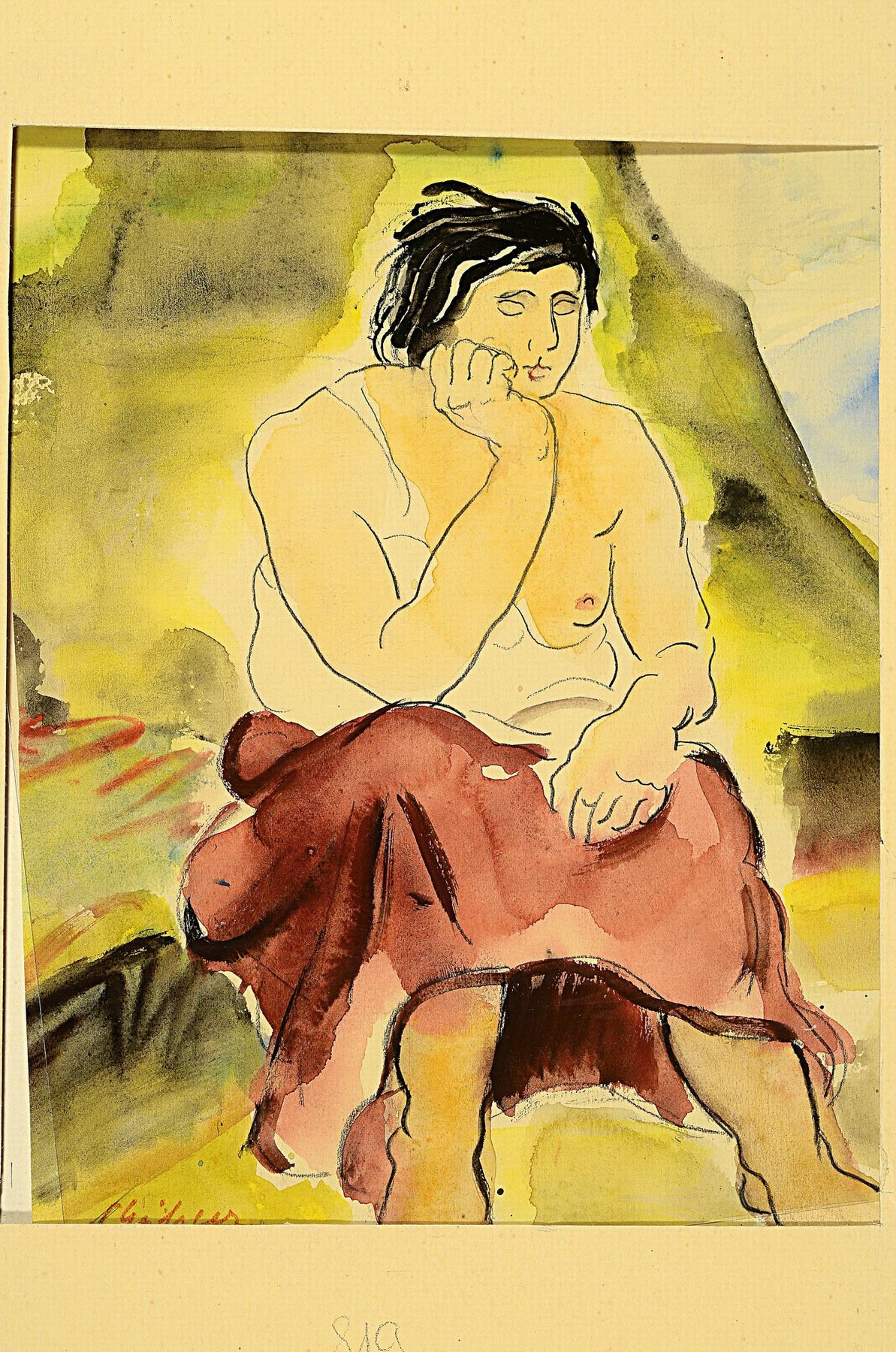 Detail k: Senta Geissler, 1902 Heidelberg - 2000, sechs Aquarelle, a. Skizze, sitzendes Mädchen , ca. 21 x 22 cm, b. sitzende Frau, 25 x 19 cm, c. Frau in ...