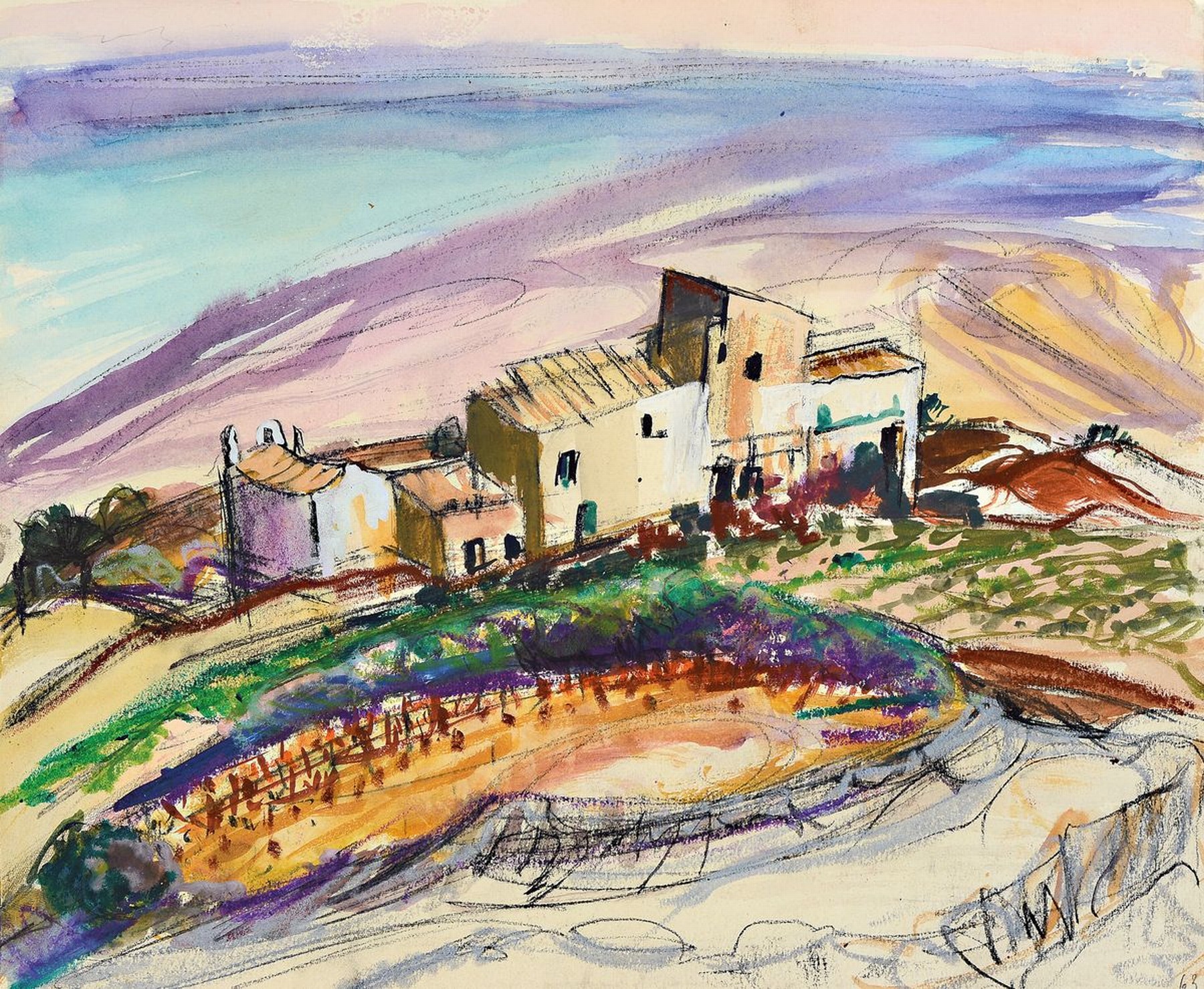 Detail a: Senta Geissler, 1909 Heidelberg - 2000 drei Aquarelle, a. südliche Landschaft, Gouache und Kreide, rückseitig Nachlasstempel und Signatur, ca. 31 x ...