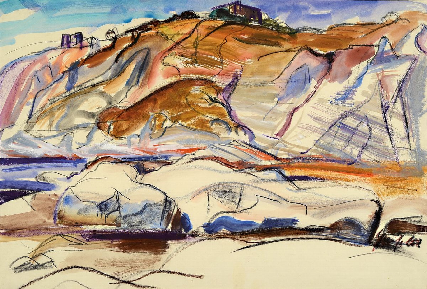 Senta Geissler, 1909 Heidelberg - 2000, zwei Mischtechniken, a. Landschaft am Meer, Aquarell und Kreide, signiert, ca. 31 x 37 cm b. felsige ...