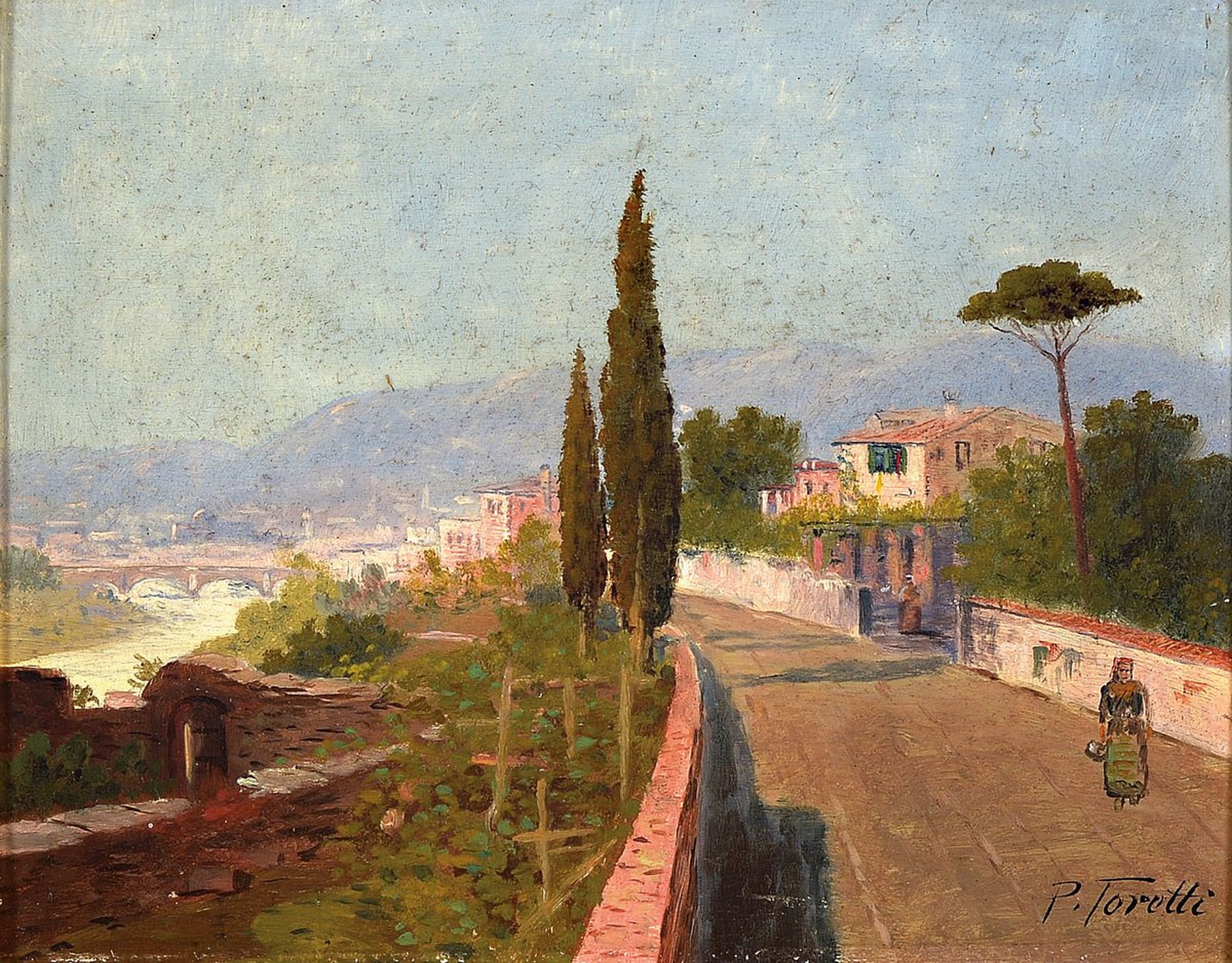 Pietro Toretti, 1888-1927 Italien, Person auf einer höher gelegenen Straße entlang eines Flusses, wohl Italien, Öl/ Holz, rechts unten signiert, ...