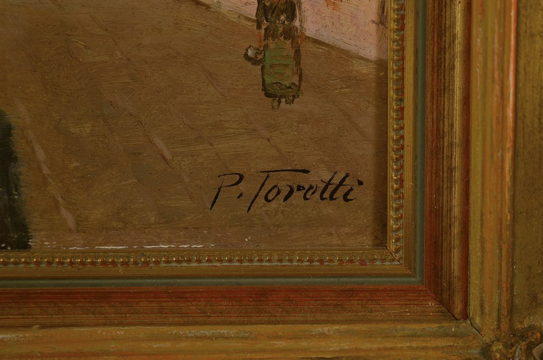 Detail a: Pietro Toretti, 1888-1927 Italien, Person auf einer höher gelegenen Straße entlang eines Flusses, wohl Italien, Öl/ Holz, rechts unten signiert, ...