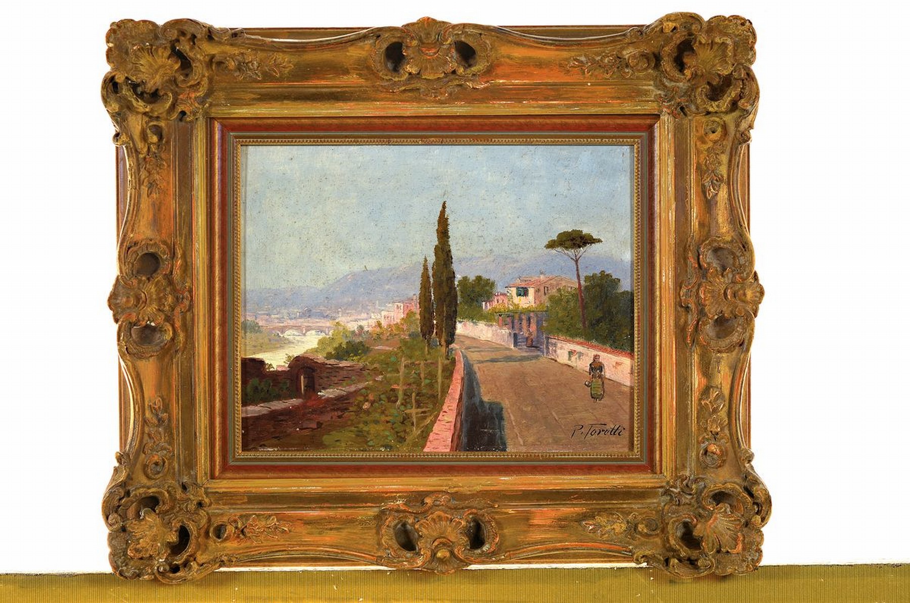 Detail k: Pietro Toretti, 1888-1927 Italien, Person auf einer höher gelegenen Straße entlang eines Flusses, wohl Italien, Öl/ Holz, rechts unten signiert, ...