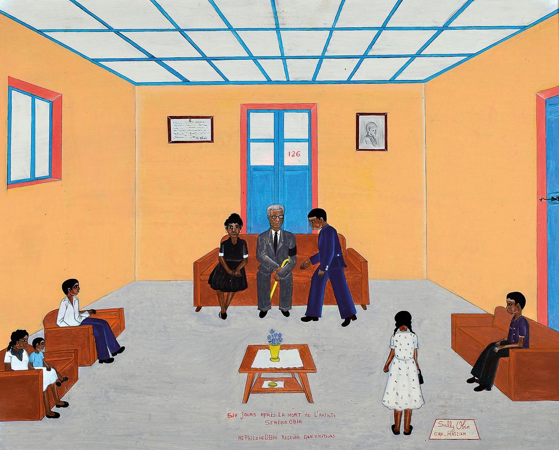 Sully Obin, 1916-2012 Haiti, Gemälde in Öl/ Hartfaser, betitelt: Six jours apres le mort de l'artiste Seneque Obin, Mde Philomene Obin ...