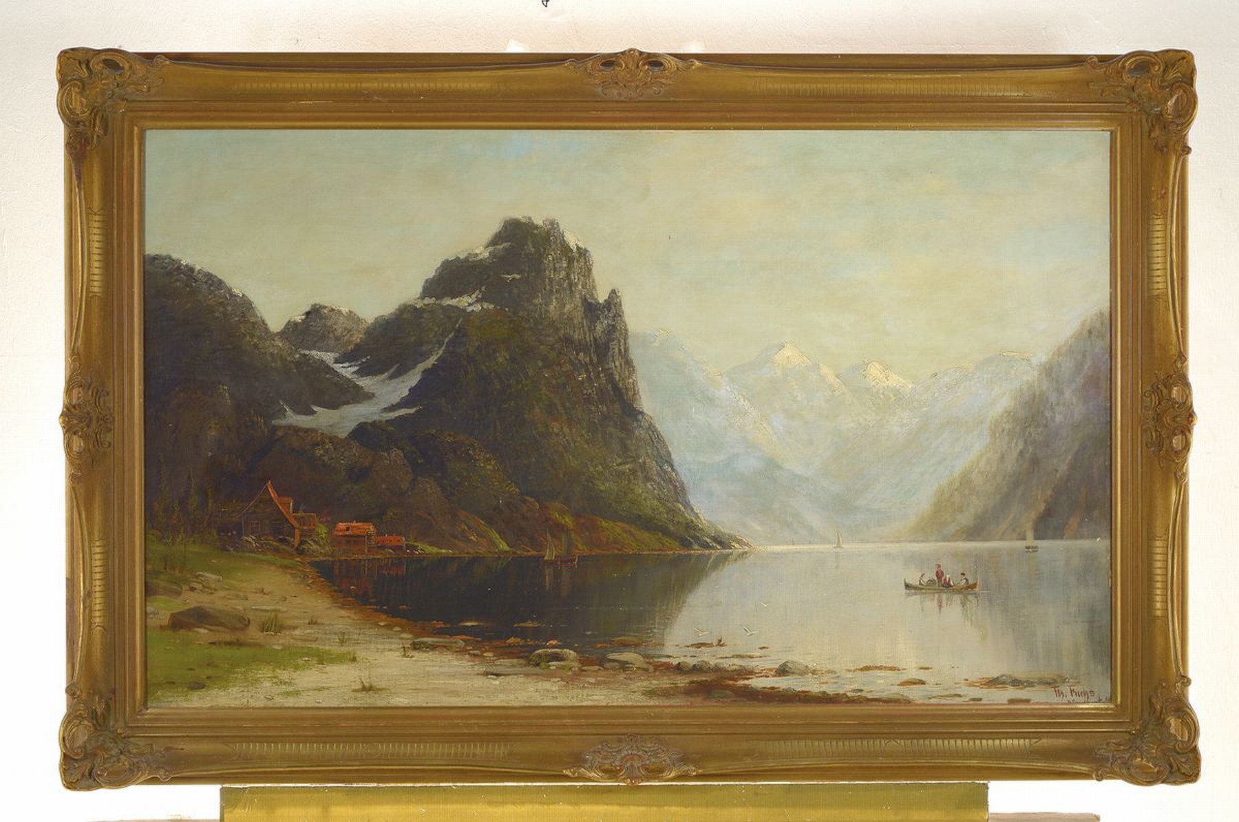 Detail k: Therese Fuchs, 1849-1910 Düsseldorf, Norwegische Fjordlandschaft mit Fischerboot auf dem Wasser, Öl/Lwd, rechts unten signiert Th.Fuchs ...