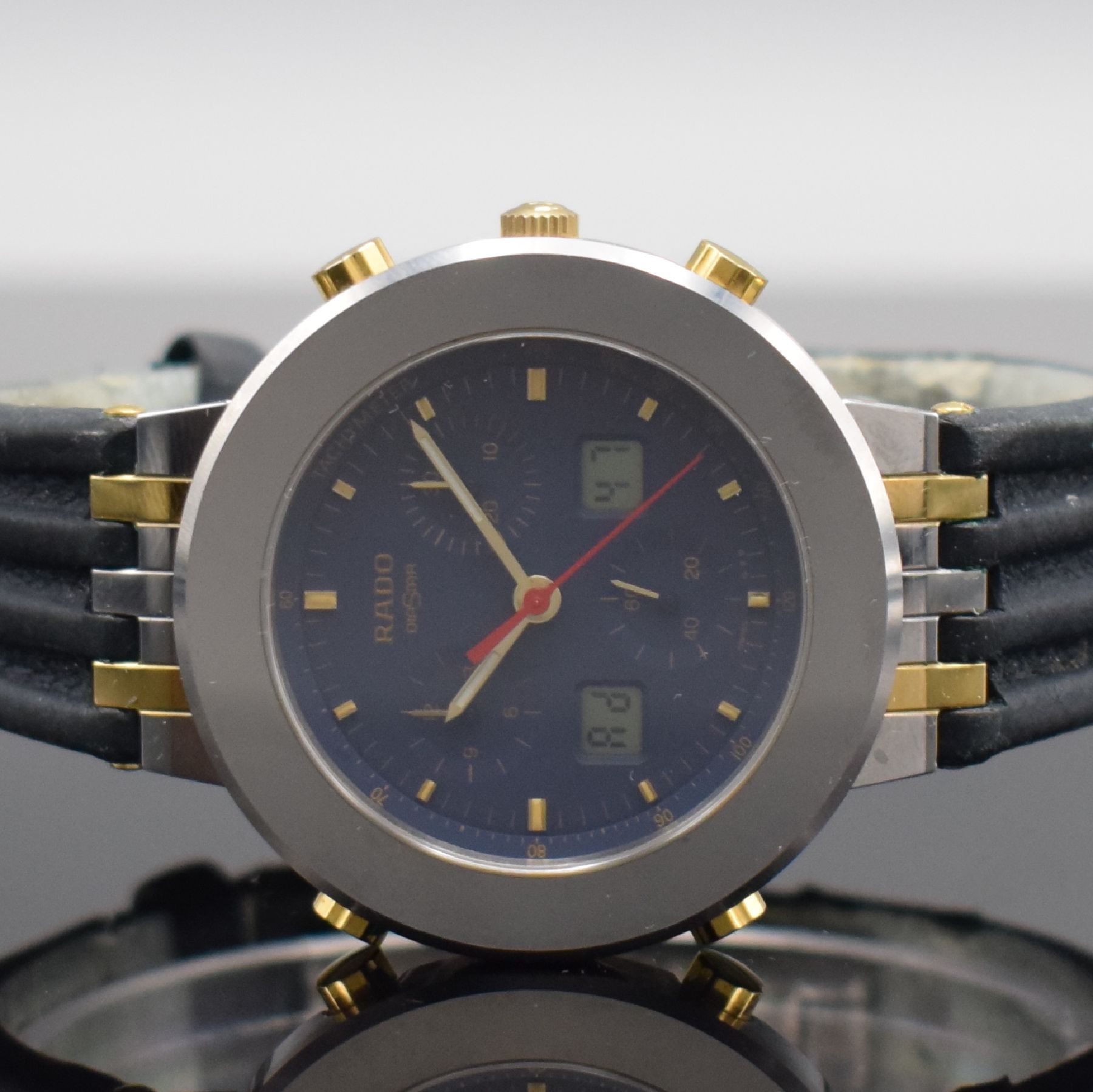 Detail a: RADO Herrenarmbanduhr mit Chronograph Serie Diastar, Schweiz um 1995, quarz, Ref. 539.0377.3, kratzfestes Stahlgeh., Boden aufgedr., orig. Lederband ...
