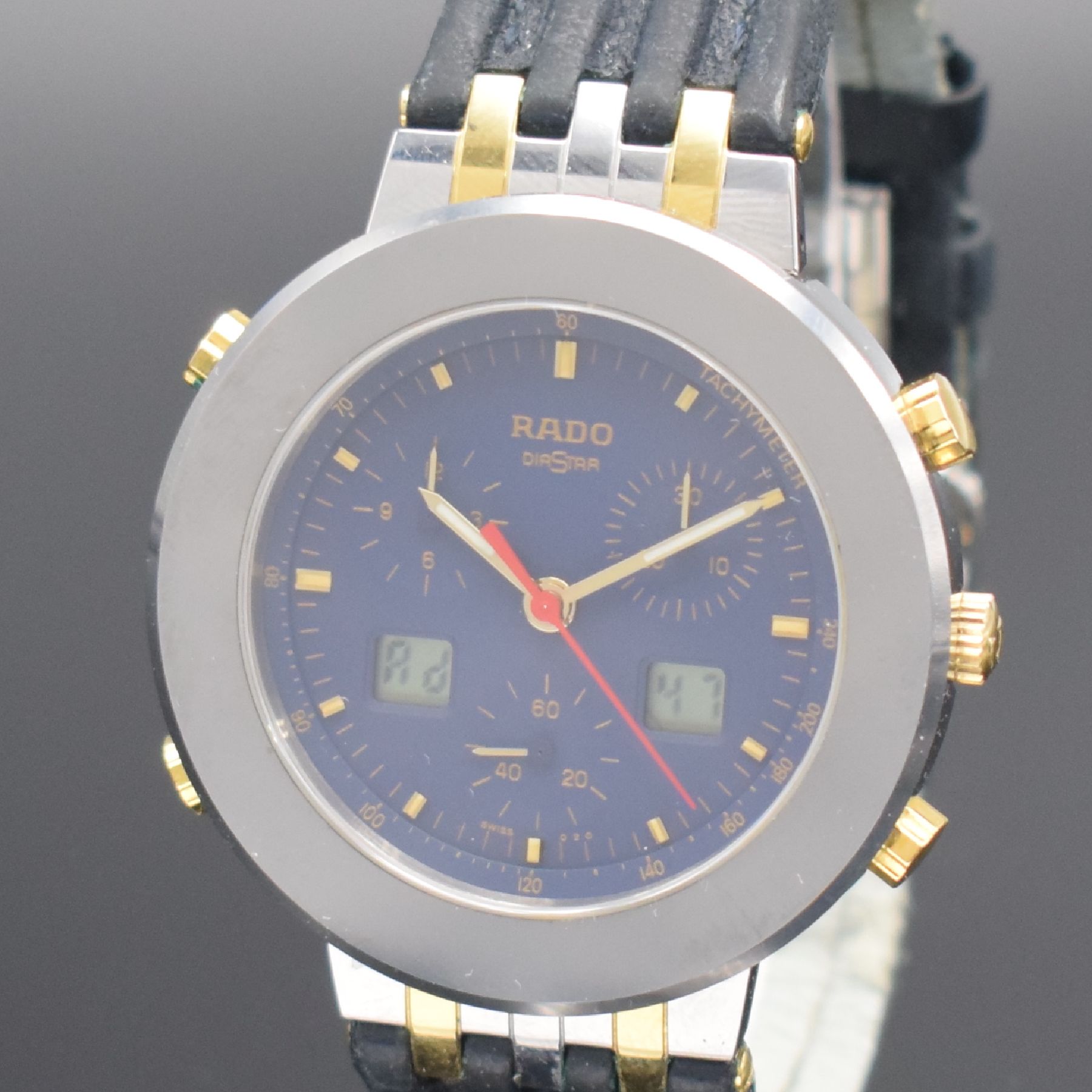 Detail c: RADO Herrenarmbanduhr mit Chronograph Serie Diastar, Schweiz um 1995, quarz, Ref. 539.0377.3, kratzfestes Stahlgeh., Boden aufgedr., orig. Lederband ...
