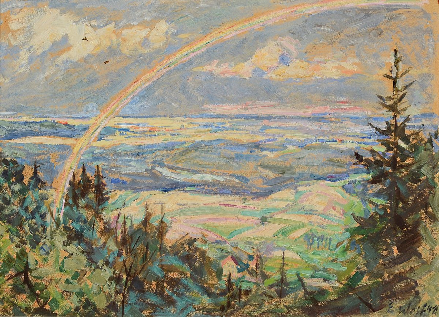 Elisabeth Wolf, pfälzer Malerin, war ansässig in Rheinzabern, Blick in eine weite Landschaft mit Regenbogen, Öl/Hartfaser, rechts unten signiert ...