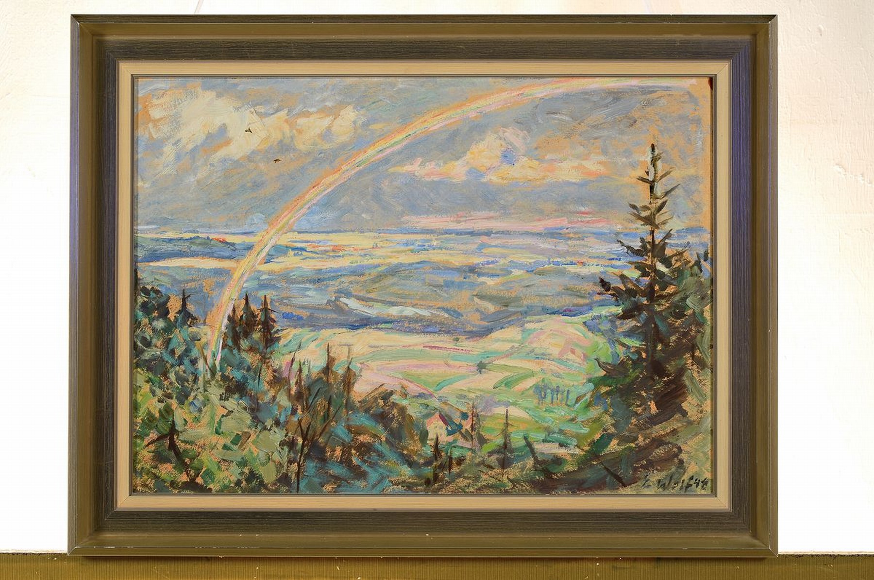 Detail k: Elisabeth Wolf, pfälzer Malerin, war ansässig in Rheinzabern, Blick in eine weite Landschaft mit Regenbogen, Öl/Hartfaser, rechts unten signiert ...
