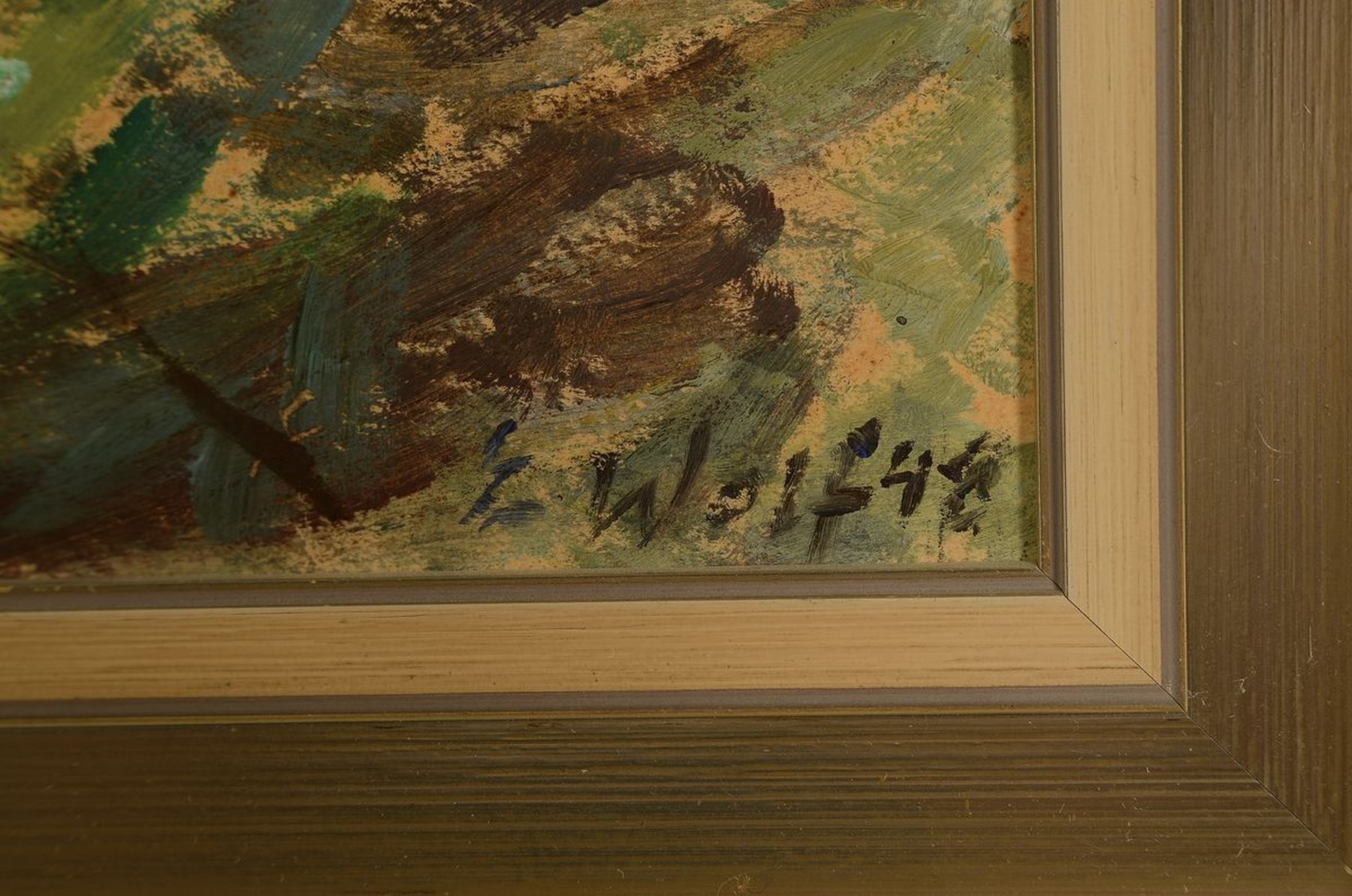 Detail l: Elisabeth Wolf, pfälzer Malerin, war ansässig in Rheinzabern, Blick in eine weite Landschaft mit Regenbogen, Öl/Hartfaser, rechts unten signiert ...