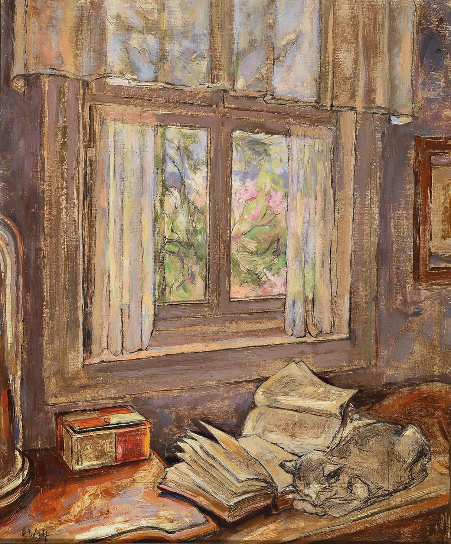 Elisabeth Wolf, pfälzer Malerin, war ansässig in Rheinzabern, Interieur mit schlafender Katze vor dem Fenster, Öl/Malkarton, links unten signiert, ...