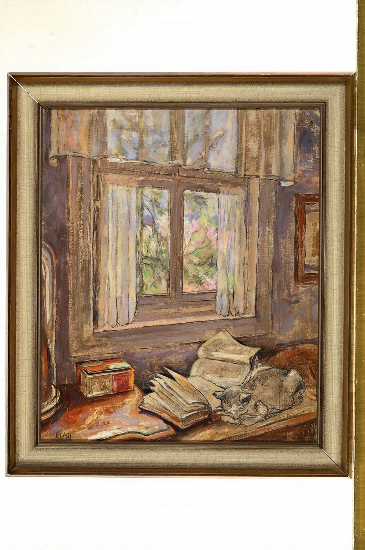Detail k: Elisabeth Wolf, pfälzer Malerin, war ansässig in Rheinzabern, Interieur mit schlafender Katze vor dem Fenster, Öl/Malkarton, links unten signiert, ...