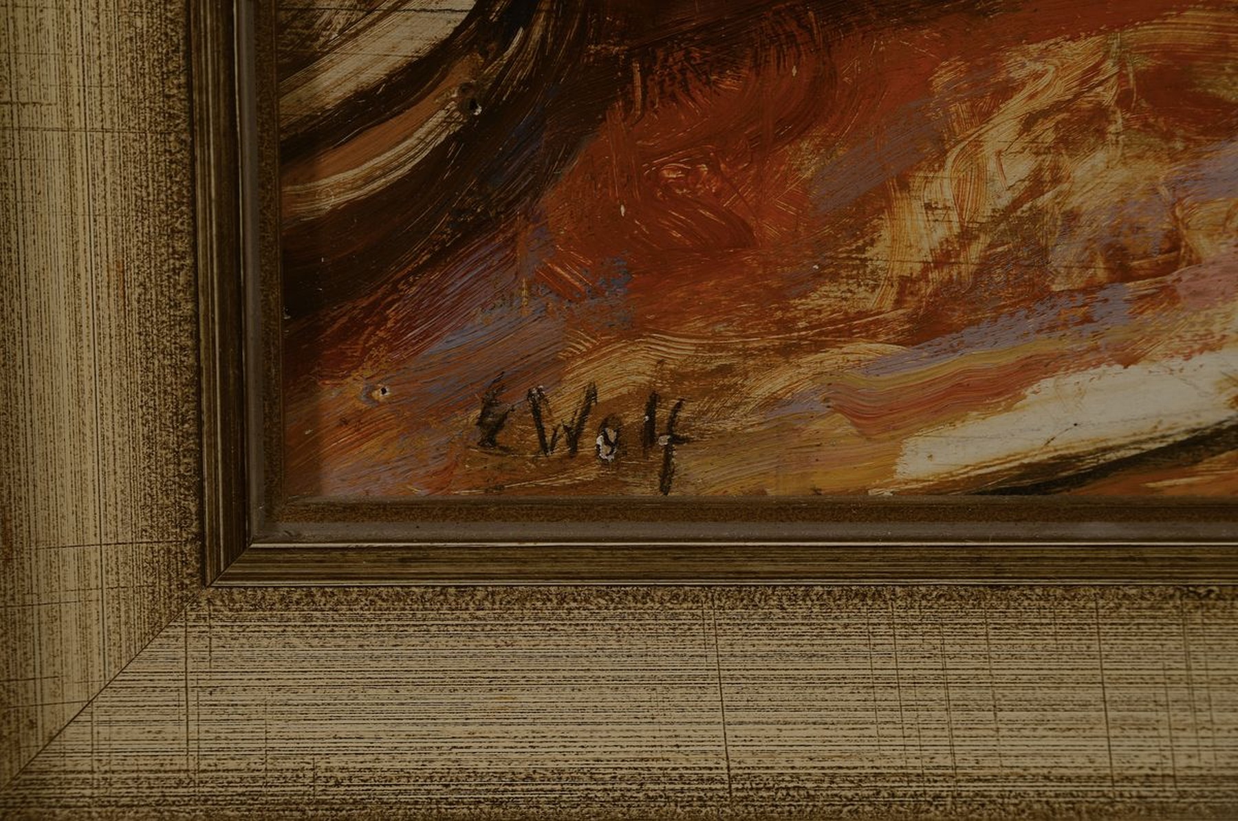 Detail l: Elisabeth Wolf, pfälzer Malerin, war ansässig in Rheinzabern, Interieur mit schlafender Katze vor dem Fenster, Öl/Malkarton, links unten signiert, ...