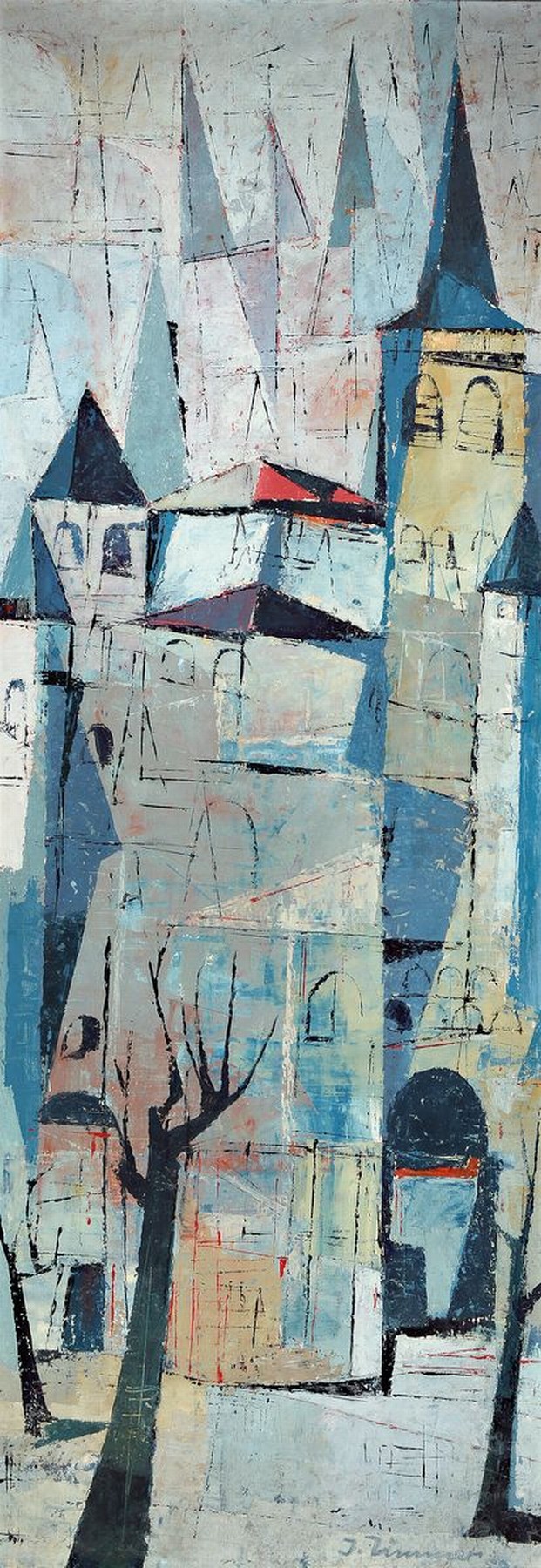 Jupp Zimmer, 1919 Graach-1995 Trier, Trierer Capriccio, so rückseitig betitelt, Öl/Spanplatte, rechts unten signiert, ca. 140x50cm, R., aus dem ...