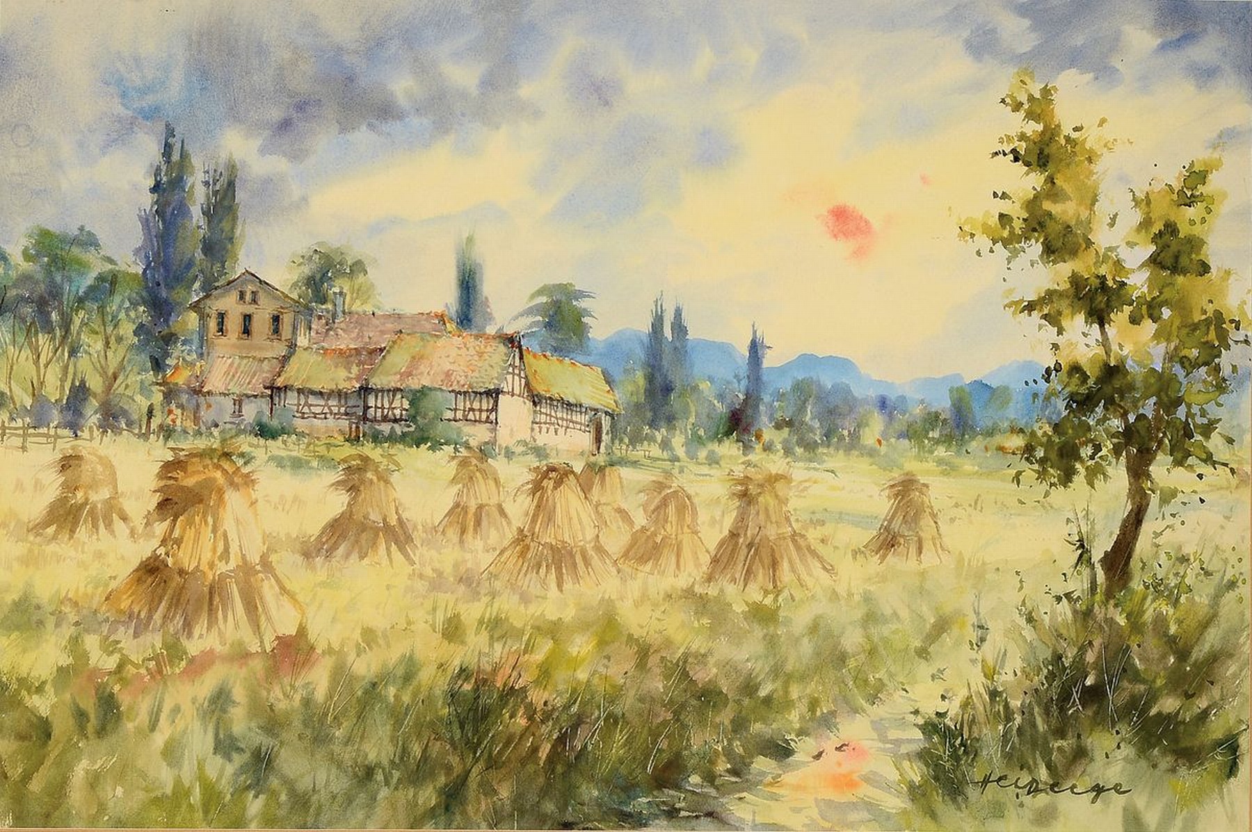 Heiner Deege, 1920-2007 Haßloch, Neumühle in Haßloch/Pfalz, Aquarell, signiert, rückseitig bezeichnet und mit Widmung, ca. 52 x 69 cm, Rahmen mit ...