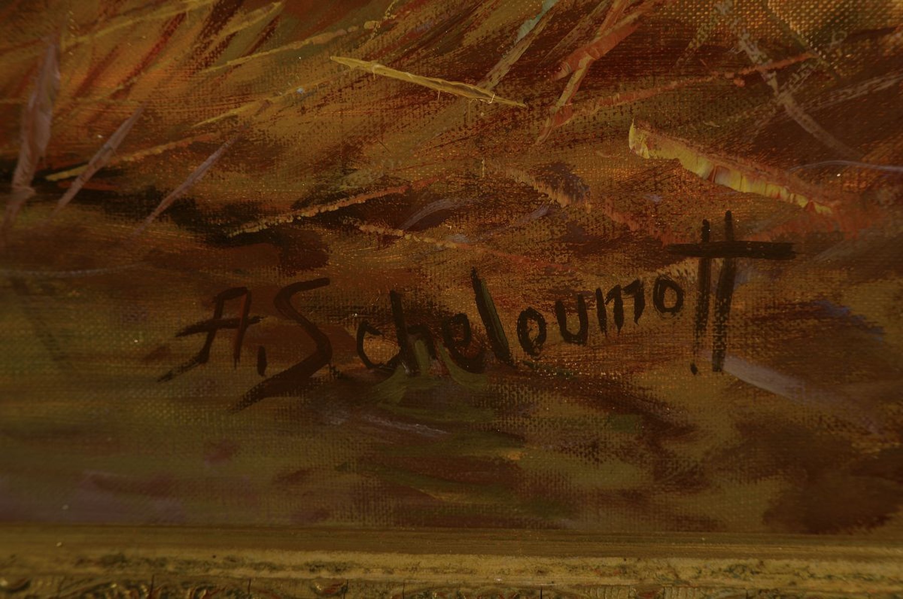 Detail l: Afanasij Ivanovic Scheloumoff, 1892 - 1983 Polen, galoppierende Wildpferde, Öl/Lwd, re. u. signiert, ca. 60 x 80 cm, Rahmen z.T. besch.