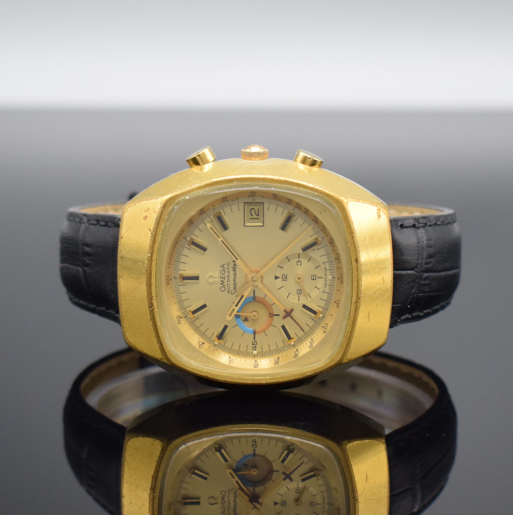OMEGA Seamaster Herrenarmbanduhr mit Chronograph Referenz 176005, Schweiz um 1972, Automatik, verg. Geh., Edelstahlboden verschr., neutr. Lederband ...