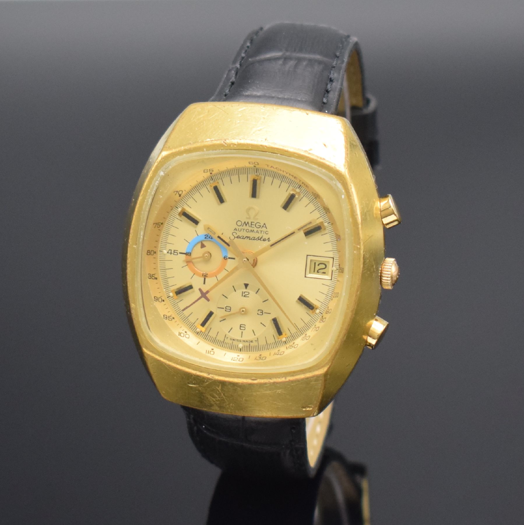 Detail b: OMEGA Seamaster Herrenarmbanduhr mit Chronograph Referenz 176005, Schweiz um 1972, Automatik, verg. Geh., Edelstahlboden verschr., neutr. Lederband ...