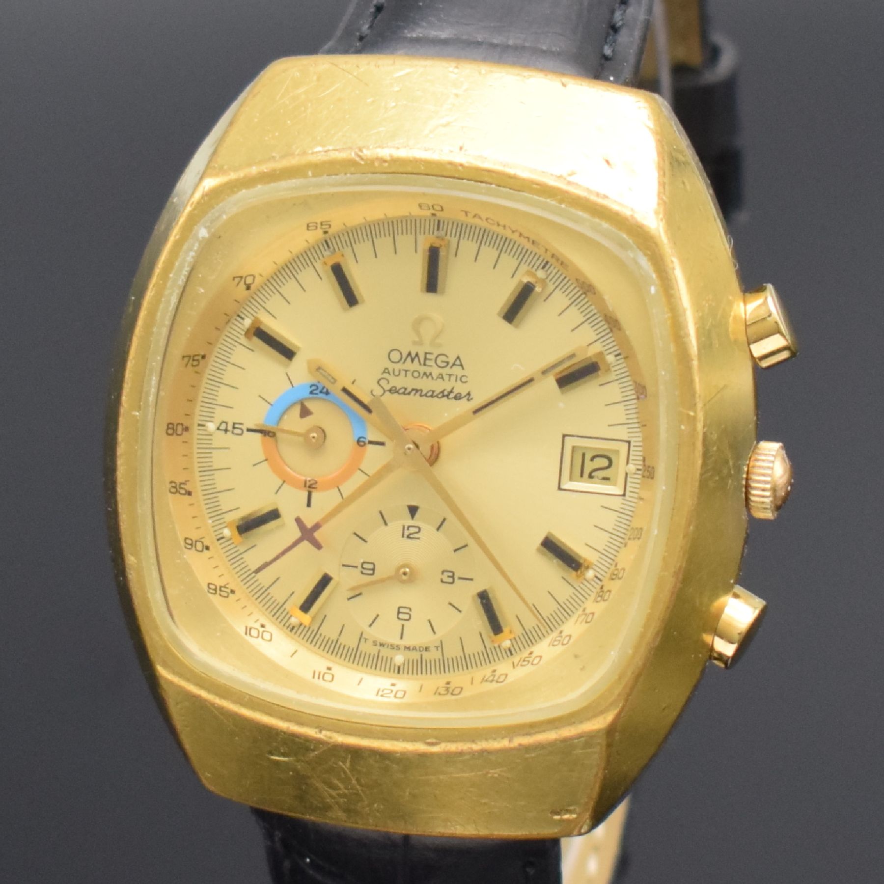 Detail c: OMEGA Seamaster Herrenarmbanduhr mit Chronograph Referenz 176005, Schweiz um 1972, Automatik, verg. Geh., Edelstahlboden verschr., neutr. Lederband ...