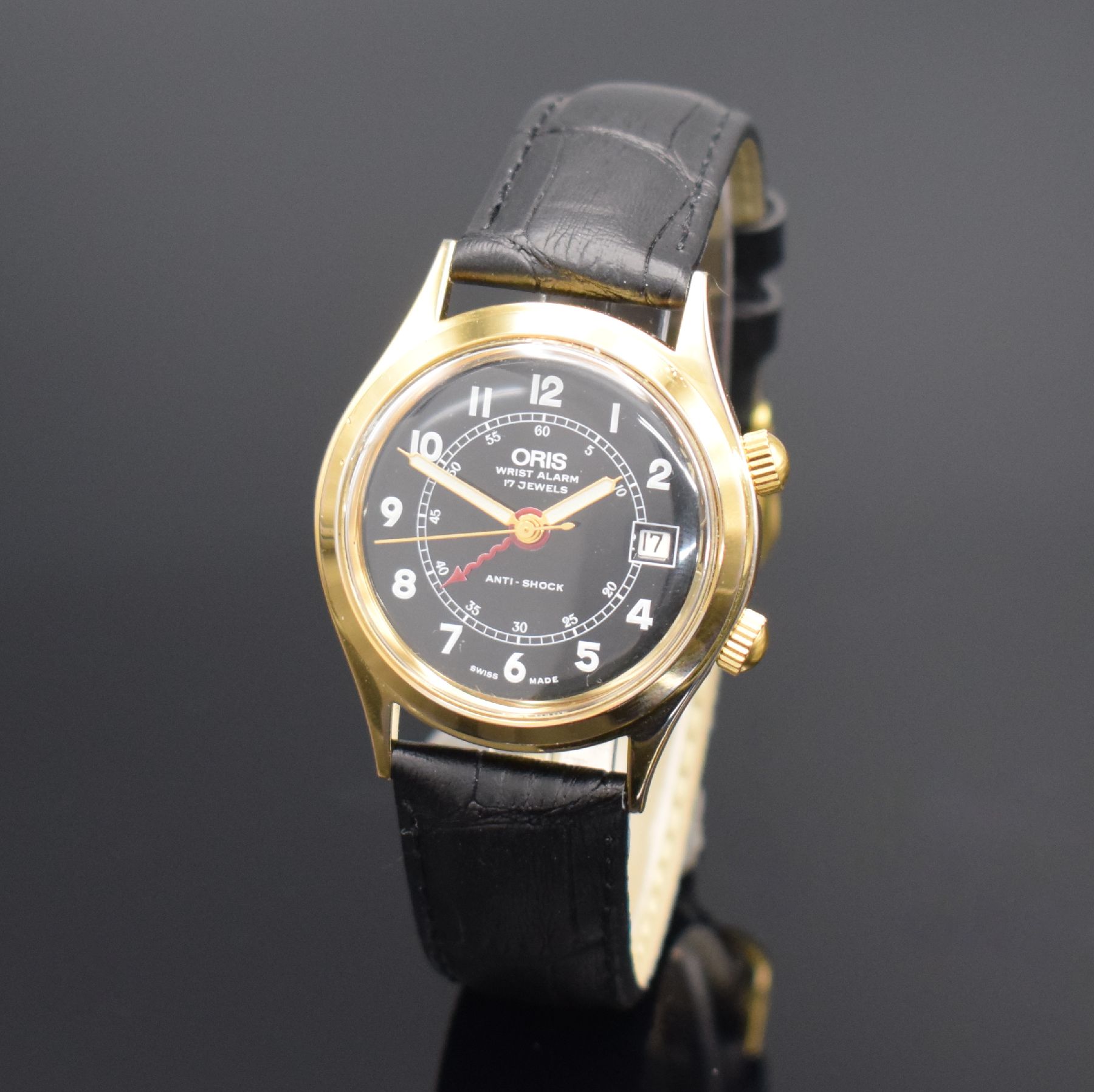 ORIS vergoldete Armbanduhr Modell Wrist Alarm, Schweiz um 1990, Ref. 420-7387, Handaufzug, Stahlboden verschr., neutr. Lederband m. orig. Dornschl., ...