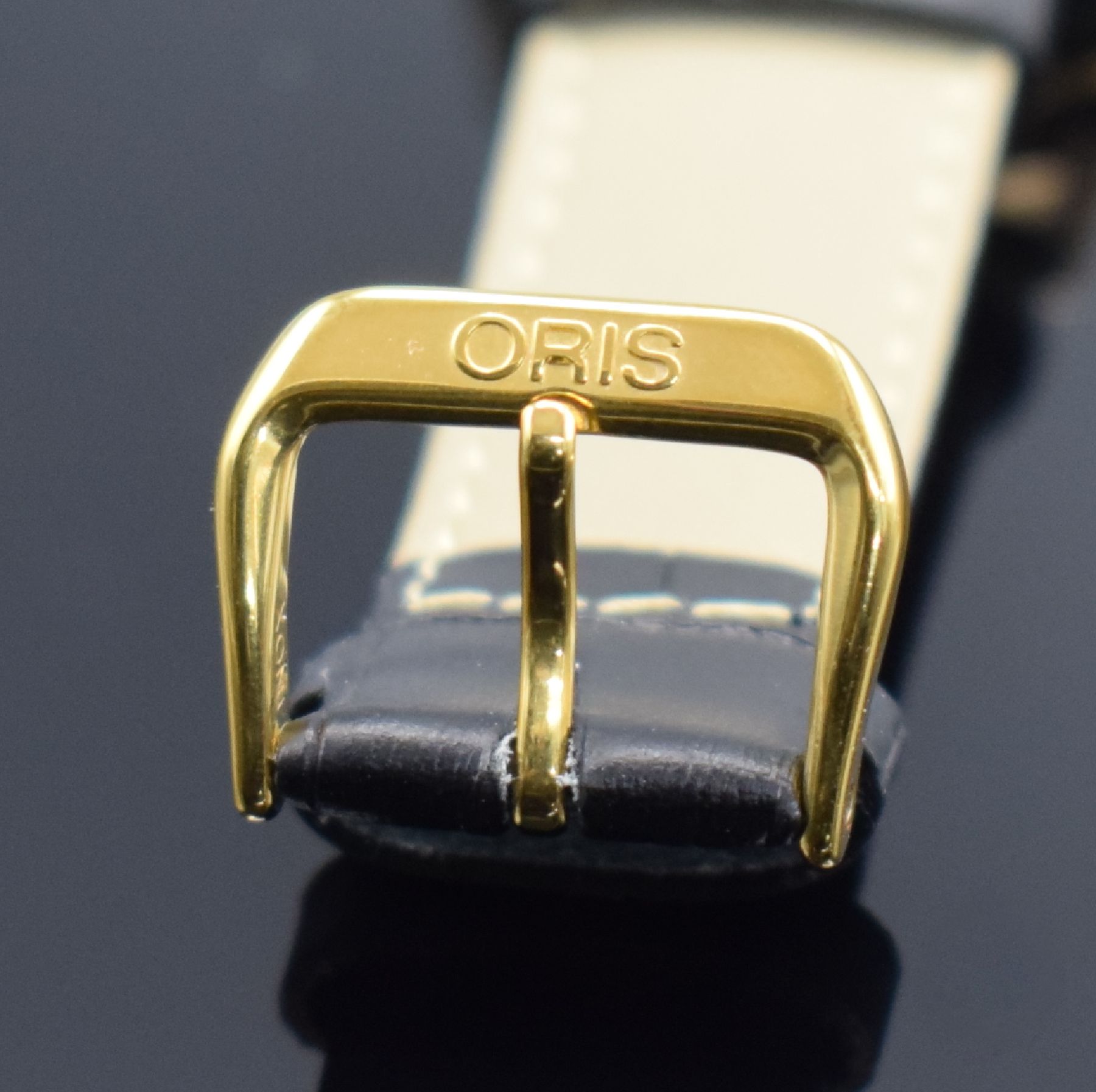 Detail b: ORIS vergoldete Armbanduhr Modell Wrist Alarm, Schweiz um 1990, Ref. 420-7387, Handaufzug, Stahlboden verschr., neutr. Lederband m. orig. Dornschl., ...
