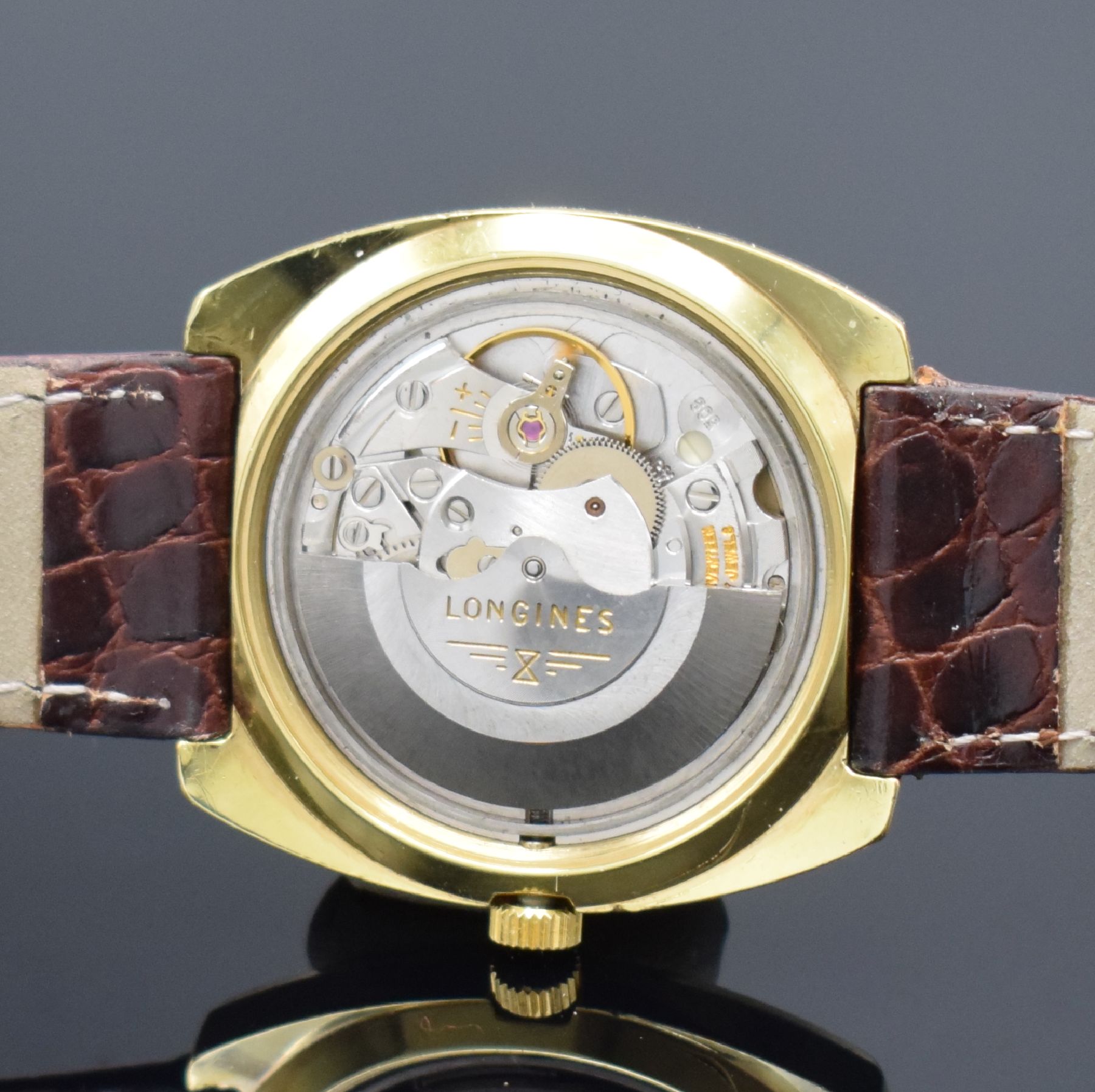 Detail f: LONGINES Conquest vergoldete Herrenarmbanduhr, Schweiz um 1970, Automatik, Edelstahl/Gold komb., Boden verschr., silb. Zifferbl. m. Tritium ...