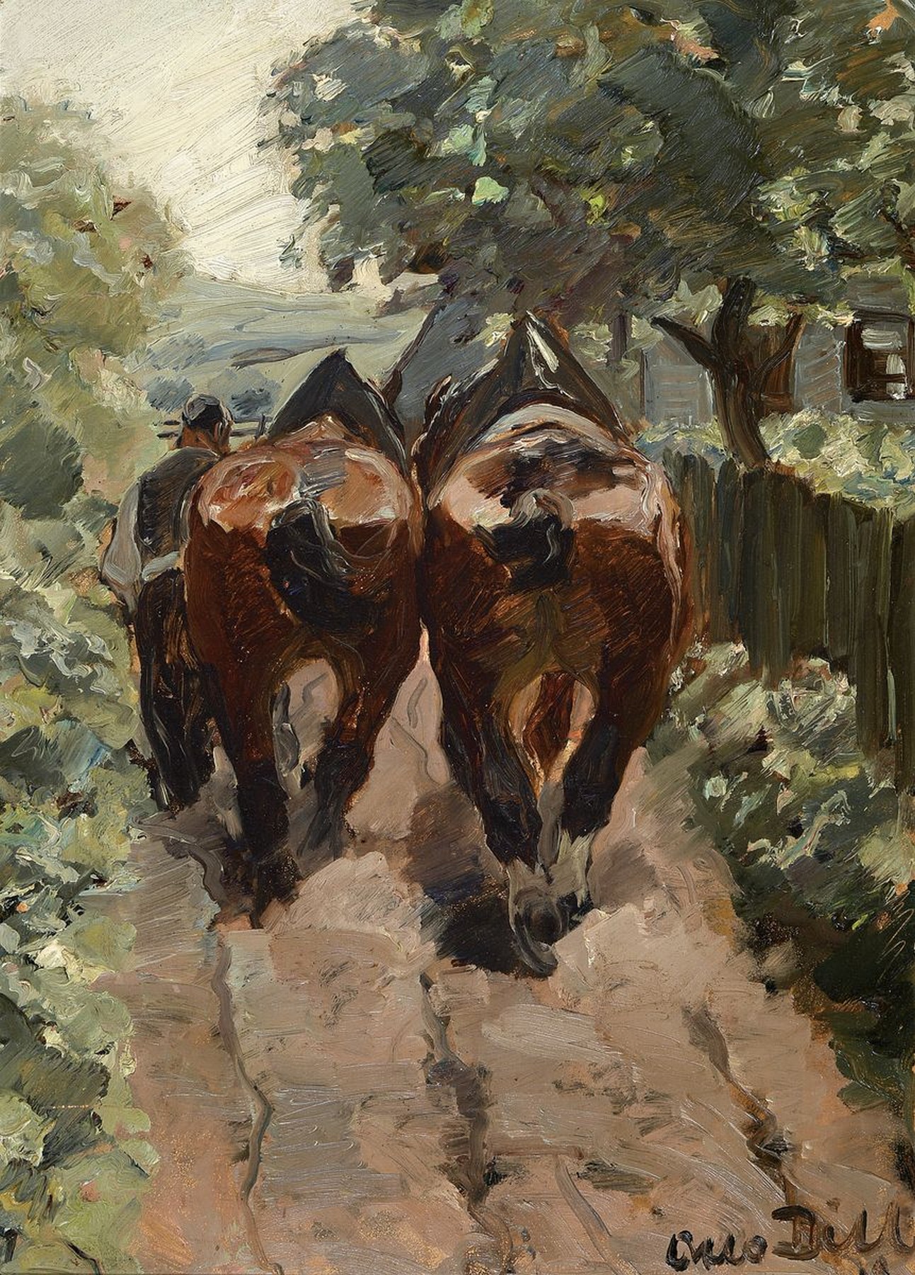Otto Dill, 1884 Neustadt-1957 Bad Dürkheim, Bauer mit zwei Kaltblüter Pferden in einem Hohlweg, Öl/Malkarton, rechts unten signiert und dat. 19, ...