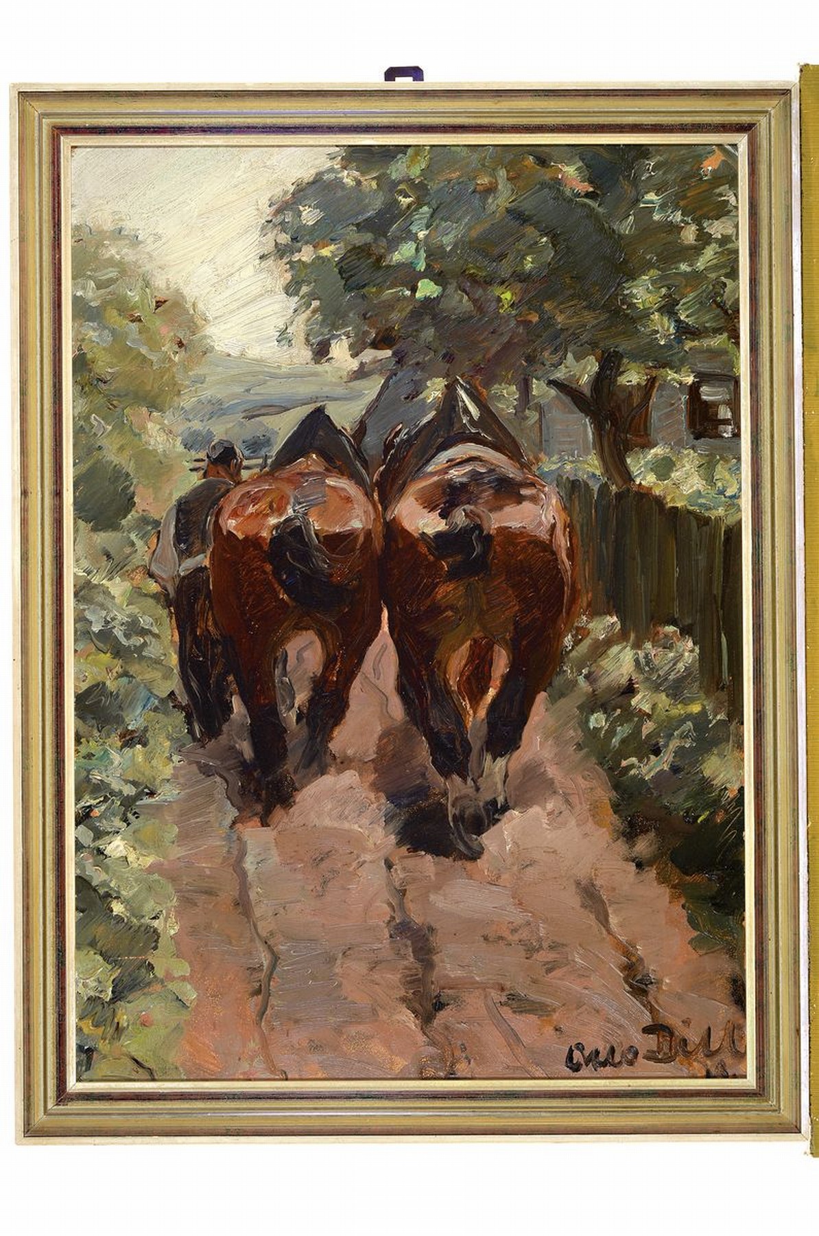 Detail k: Otto Dill, 1884 Neustadt-1957 Bad Dürkheim, Bauer mit zwei Kaltblüter Pferden in einem Hohlweg, Öl/Malkarton, rechts unten signiert und dat. 19, ...