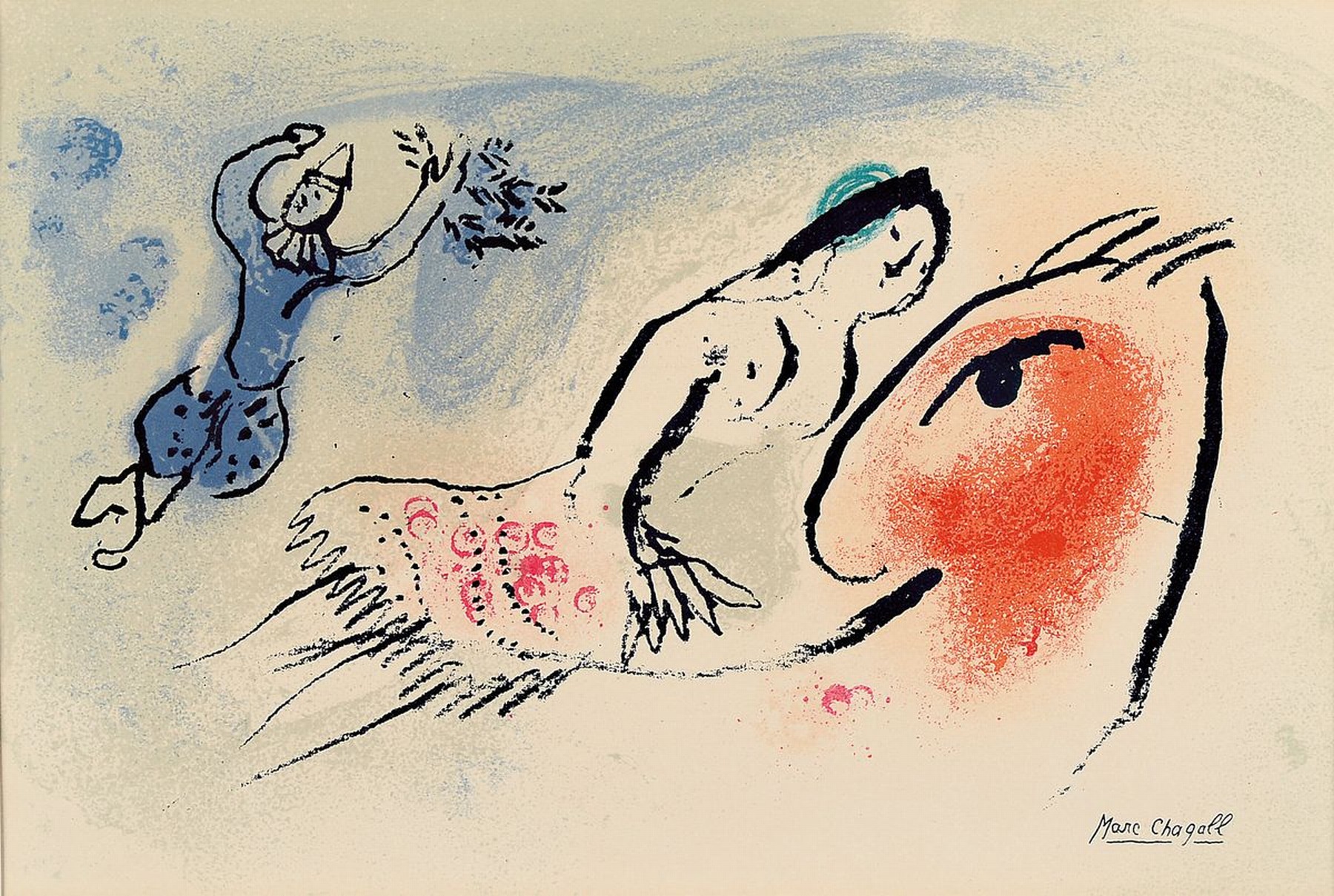 Marc Chagall, 1887-1985, Farblithographie, im Druck signiert, ca. 18x27cm, PP, u.Gl., R. ca. 33x42cm, Glückwunschkarte für Aimé Maeght von 1960 ...