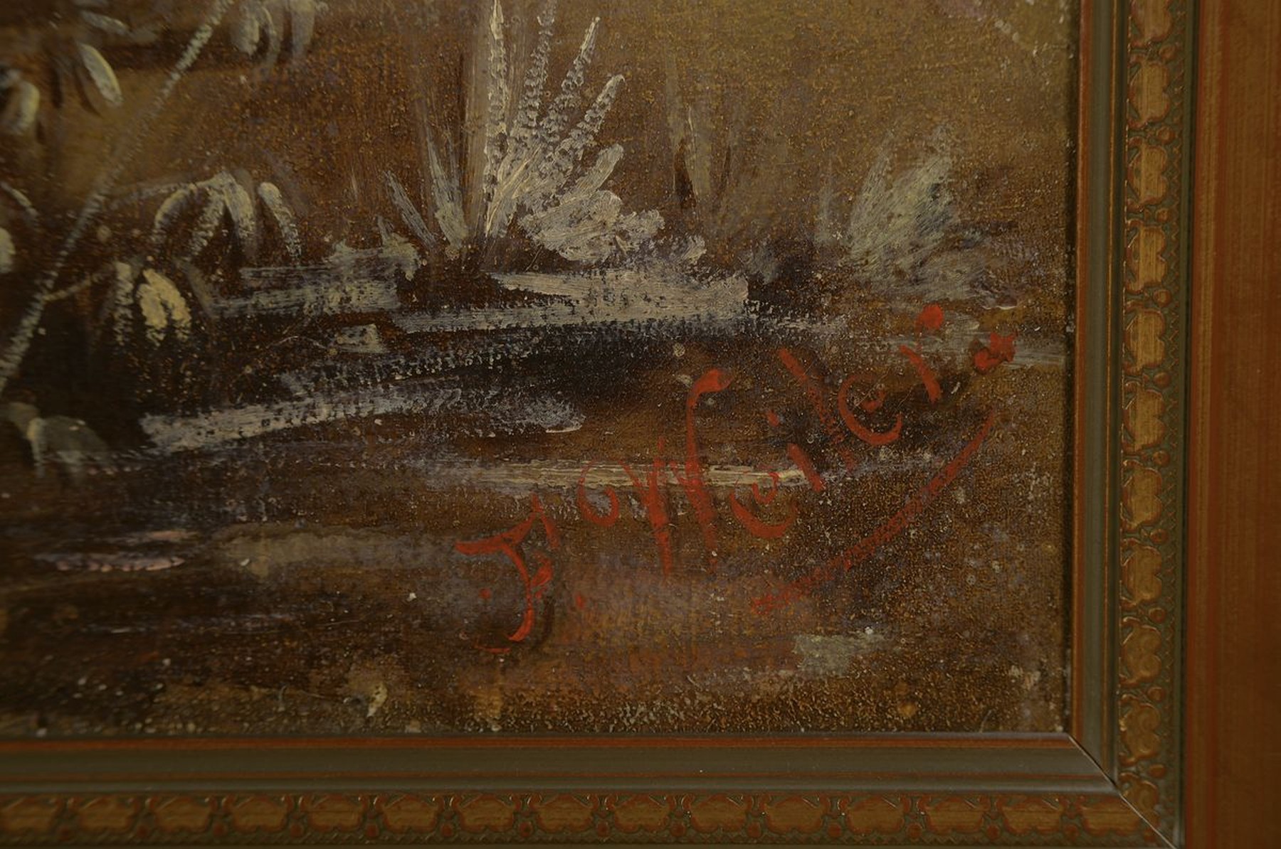 Detail a: F. Weiler, Maler des 19. Jh., Kühe in der Furt, Öl/Lwd, rechts unten signiert, kleinere Altersschäden, ca. 72x98cm, R. ca. 84x110cm