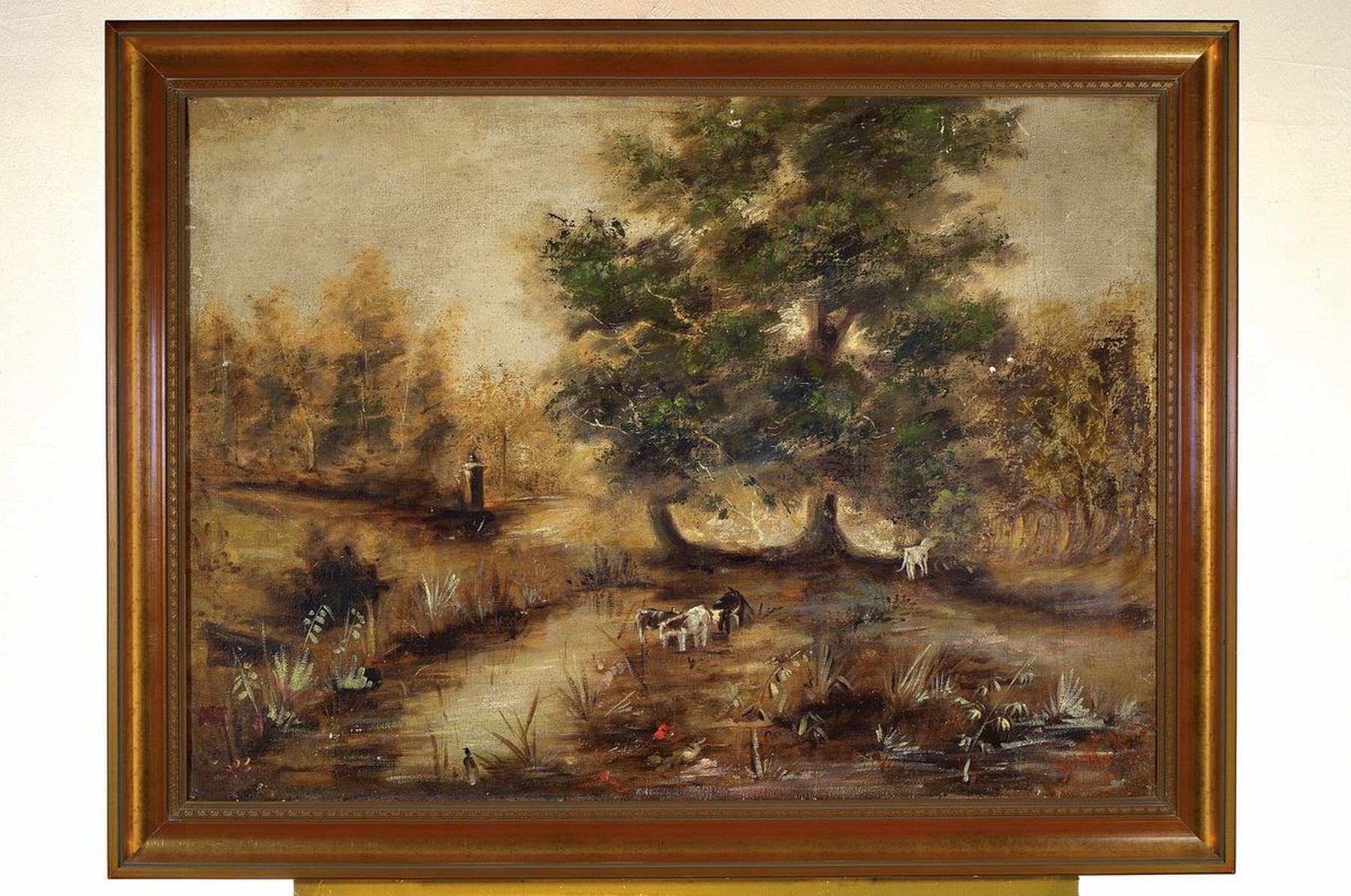 Detail k: F. Weiler, Maler des 19. Jh., Kühe in der Furt, Öl/Lwd, rechts unten signiert, kleinere Altersschäden, ca. 72x98cm, R. ca. 84x110cm