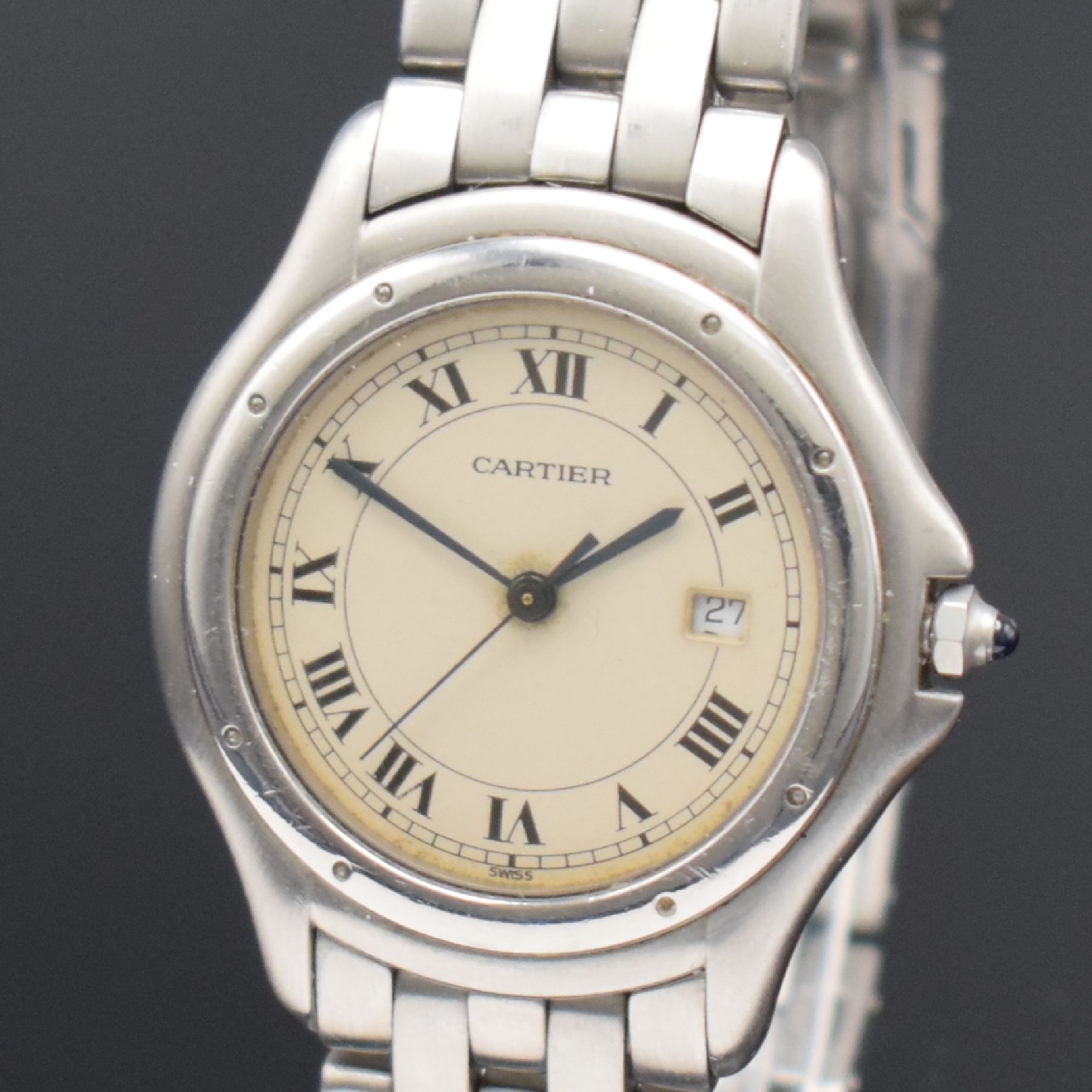 Detail c: CARTIER Armbanduhr Modell Cougar in Stahl Referenz 987904, quarz, 8-fach verschr. Boden, orig. Gliederband m. dopp. Faltschl., vers. Zifferbl. m. ...