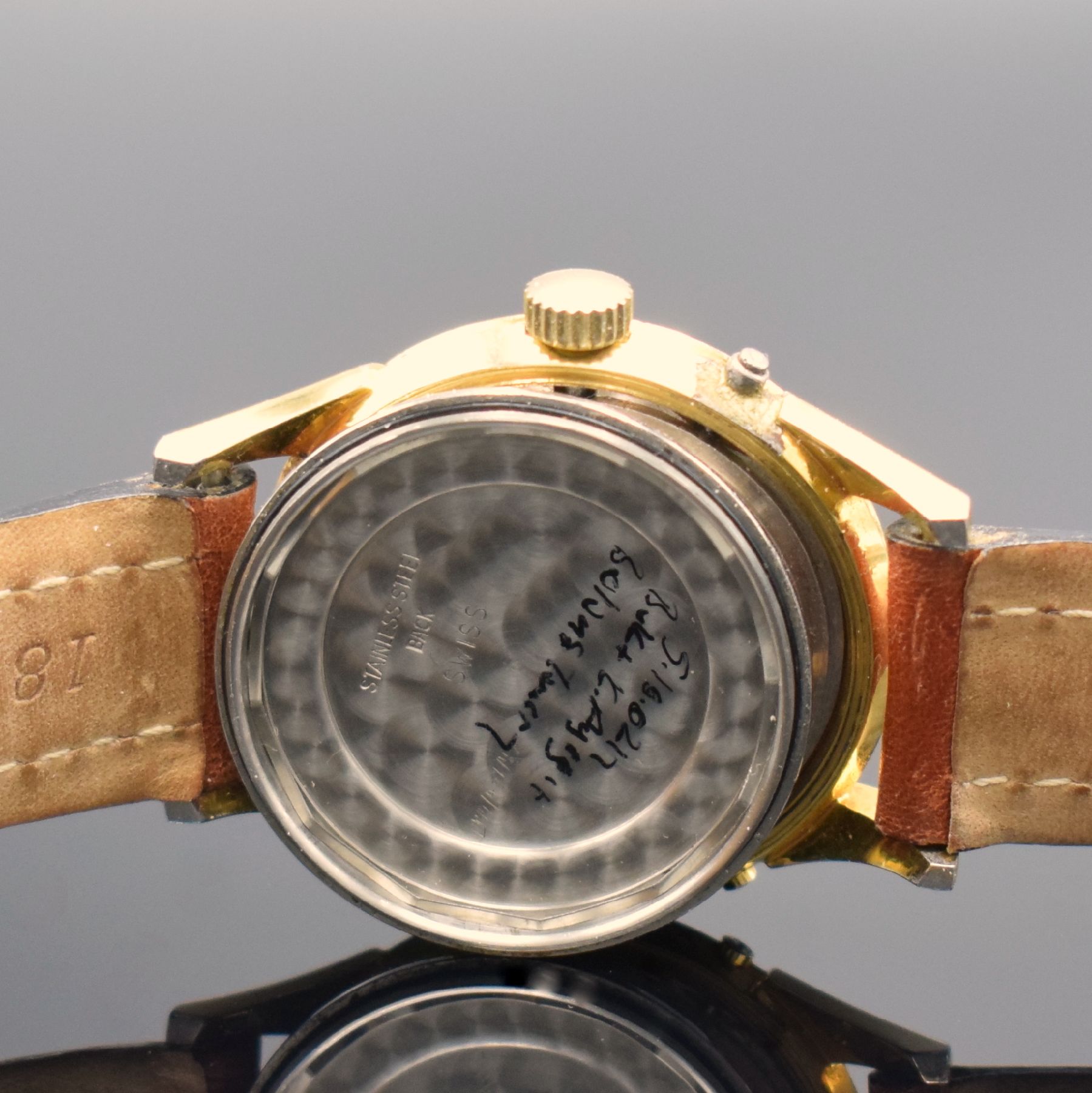 Detail f: RECORD WATCH CO vergoldete Herrenarmbanduhr mit Vollkalender & Mondphase, Schweiz um 1950, Handaufzug, verschr. Boden, silb. Zifferbl. m. gold. Ind. ...