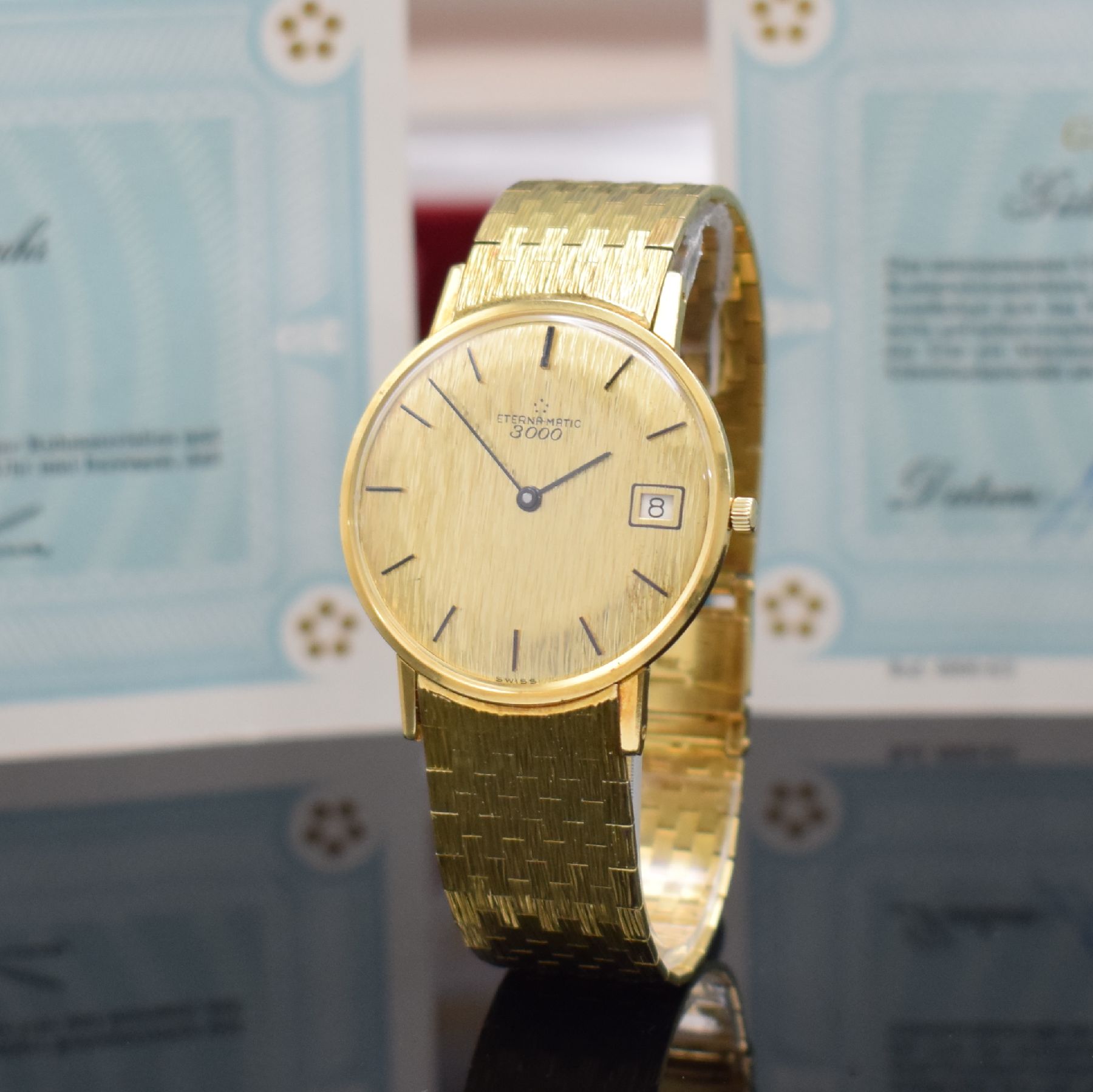 Detail c: ETERNA-MATIC 3000 nahezu neuwertige Herrenarmbanduhr in GG 750/000 mit Box & Papier Referenz 744, Schweiz um 1965, Automatik, flaches Geh., Boden & ...