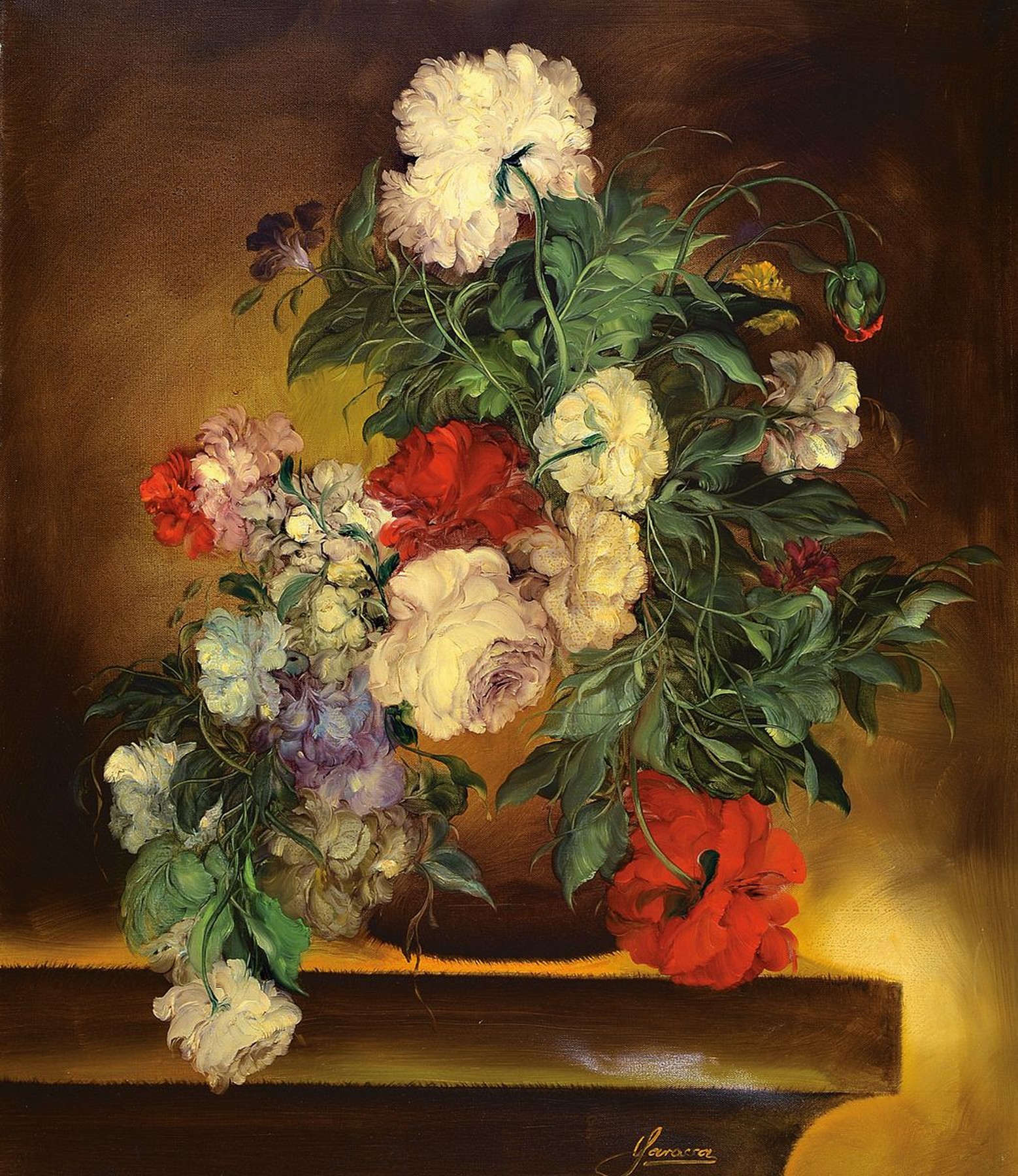 Heinrich Garossa, geb. 1902 Zürich, schweizer Stilllebenmaler, Blumenstillleben mit roten und weißen Pfingstrosen, Mitte unten signiert, Öl/Lwd, ...