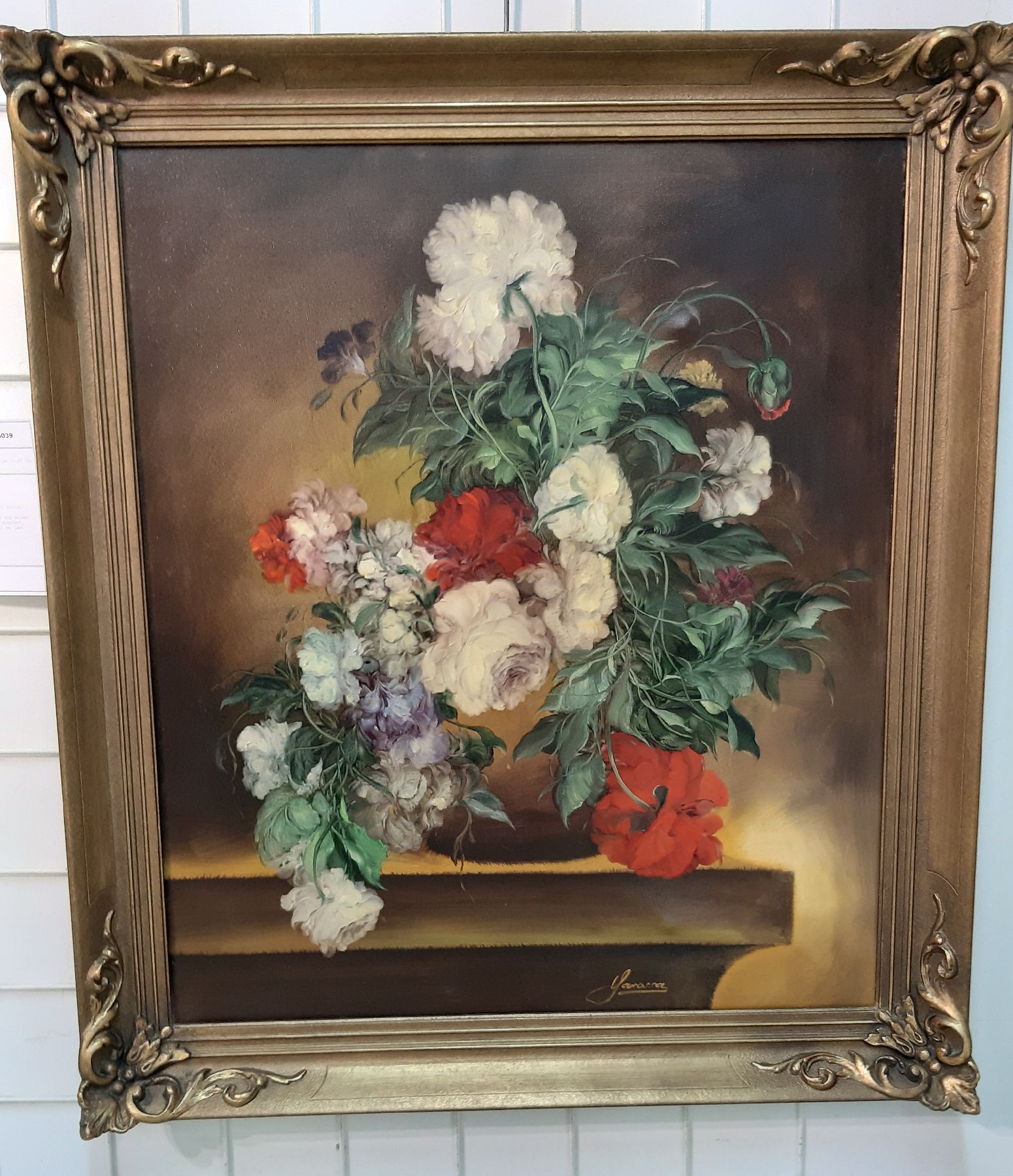 Detail b: Heinrich Garossa, geb. 1902 Zürich, schweizer Stilllebenmaler, Blumenstillleben mit roten und weißen Pfingstrosen, Mitte unten signiert, Öl/Lwd, ...