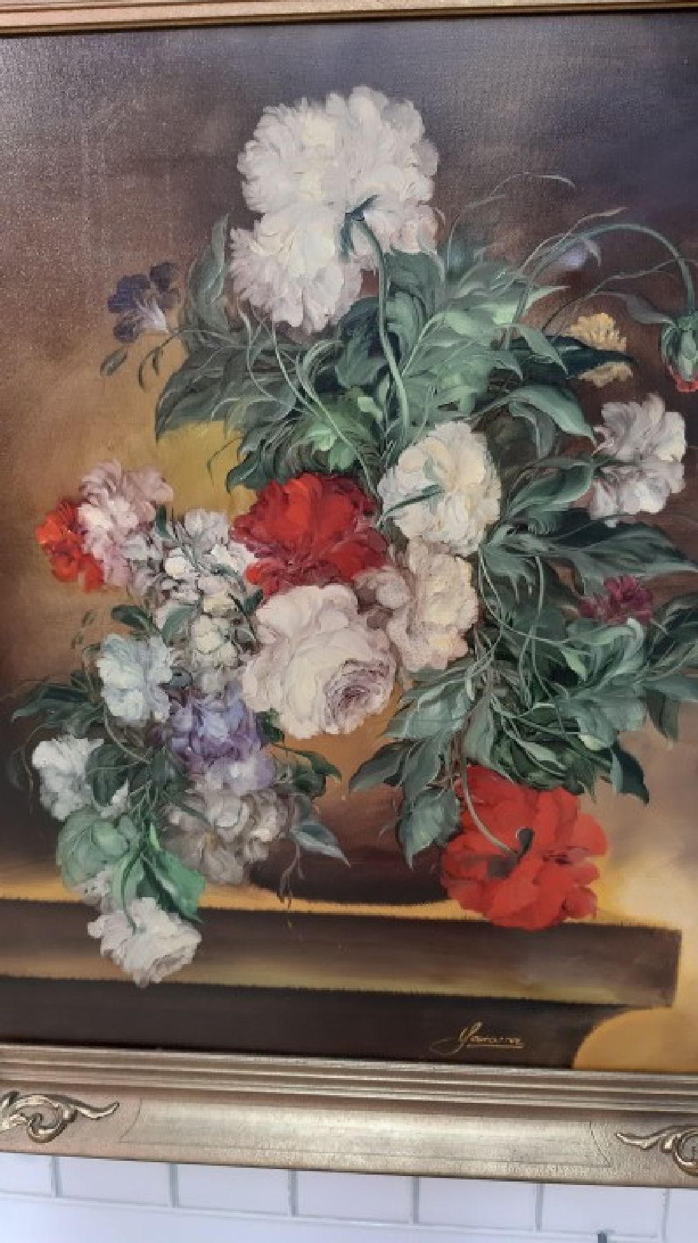 Detail d: Heinrich Garossa, geb. 1902 Zürich, schweizer Stilllebenmaler, Blumenstillleben mit roten und weißen Pfingstrosen, Mitte unten signiert, Öl/Lwd, ...