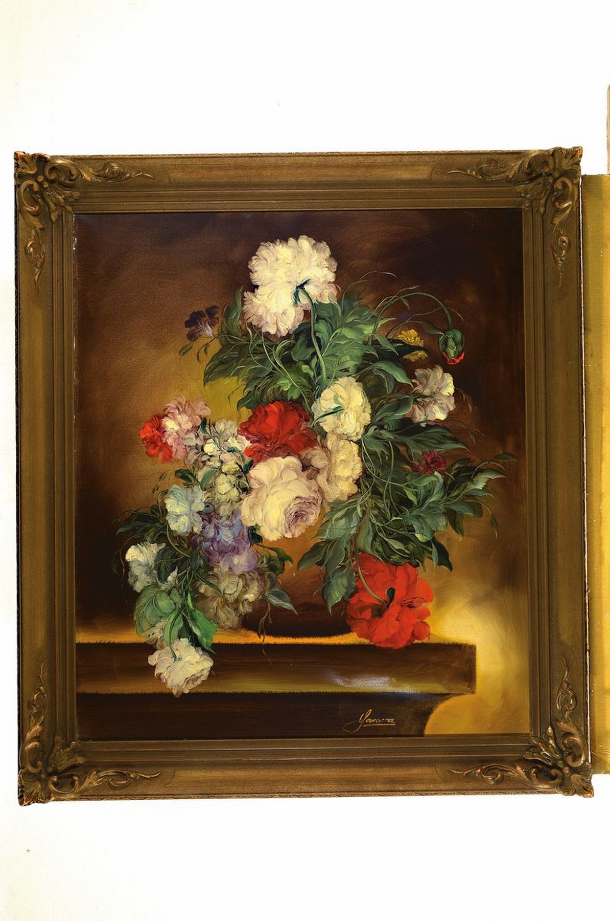 Detail k: Heinrich Garossa, geb. 1902 Zürich, schweizer Stilllebenmaler, Blumenstillleben mit roten und weißen Pfingstrosen, Mitte unten signiert, Öl/Lwd, ...