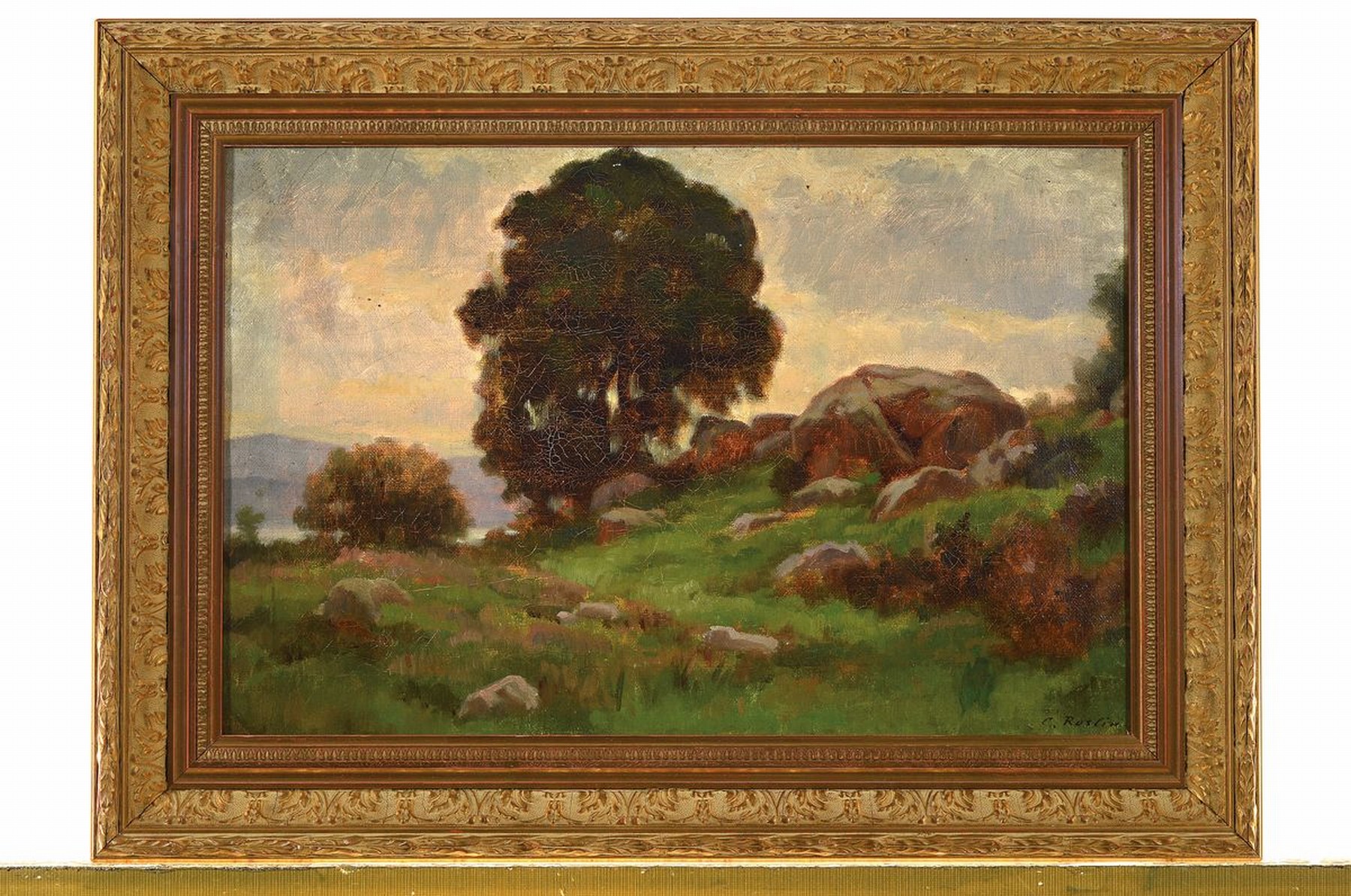 Detail k: C. Roslin, Maler der 1. Hälfte des 20. Jh., Wiesenlandschaft mit Bäumen und Felsgruppen, Öl/Lwd, rechts unten signiert, rückseitig auf dem ...